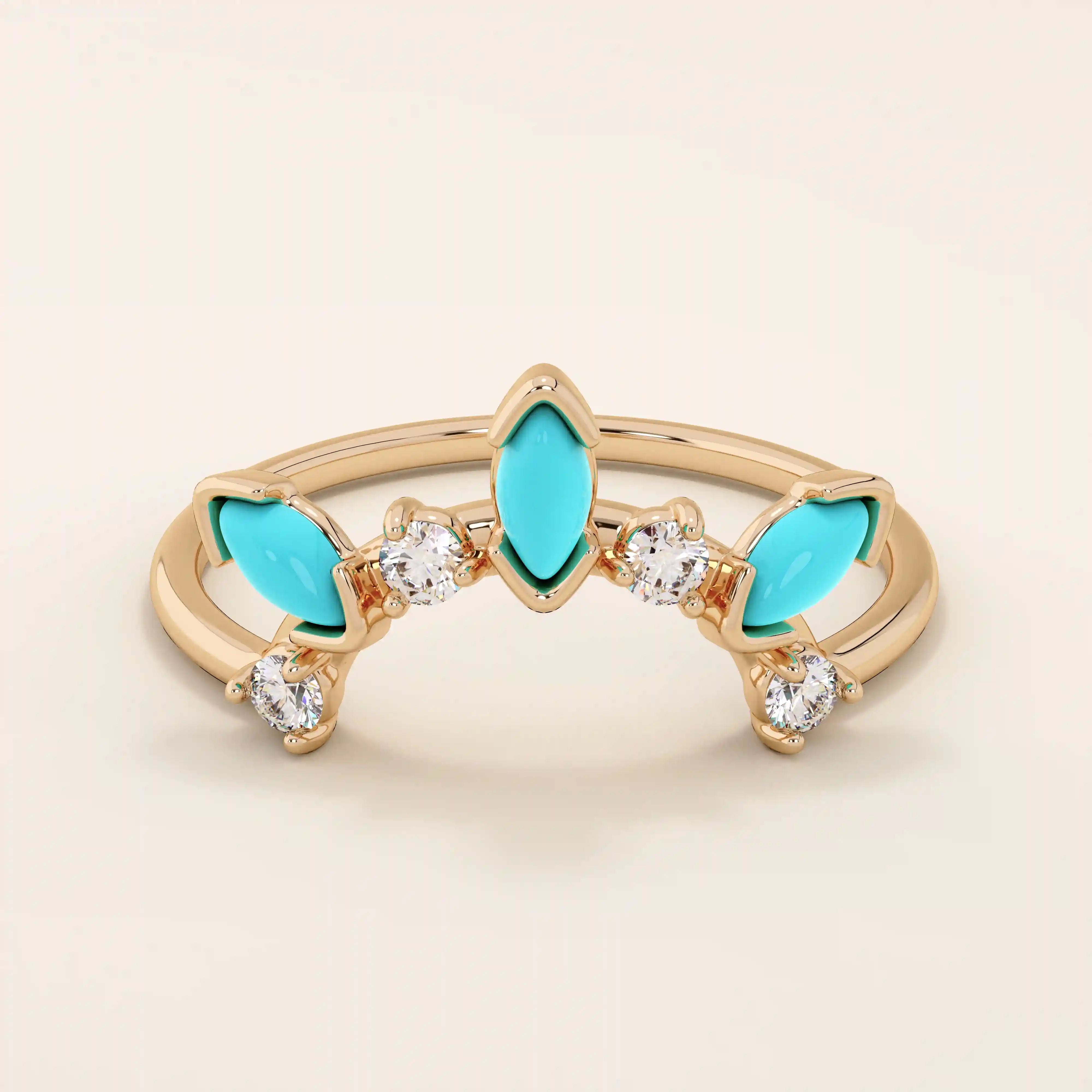 14K SOLID GOLD MARQUISE TURQUOISE STACKABLE CURVE RING FOR WOMEN