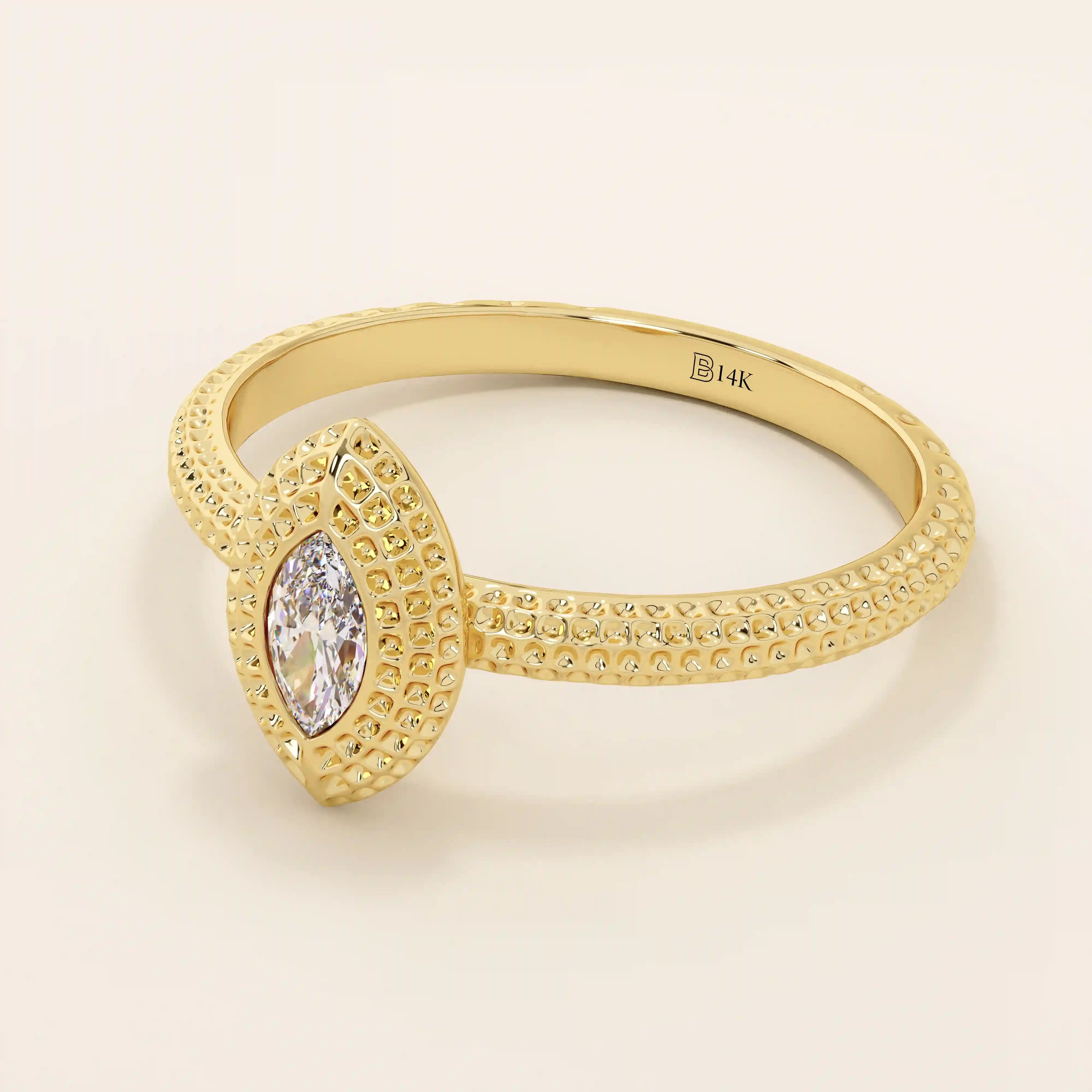 14K SOLID GOLD TEXTURED BAND BEZEL MARQUISE ENGAGEMENT RING FOR WOMEN