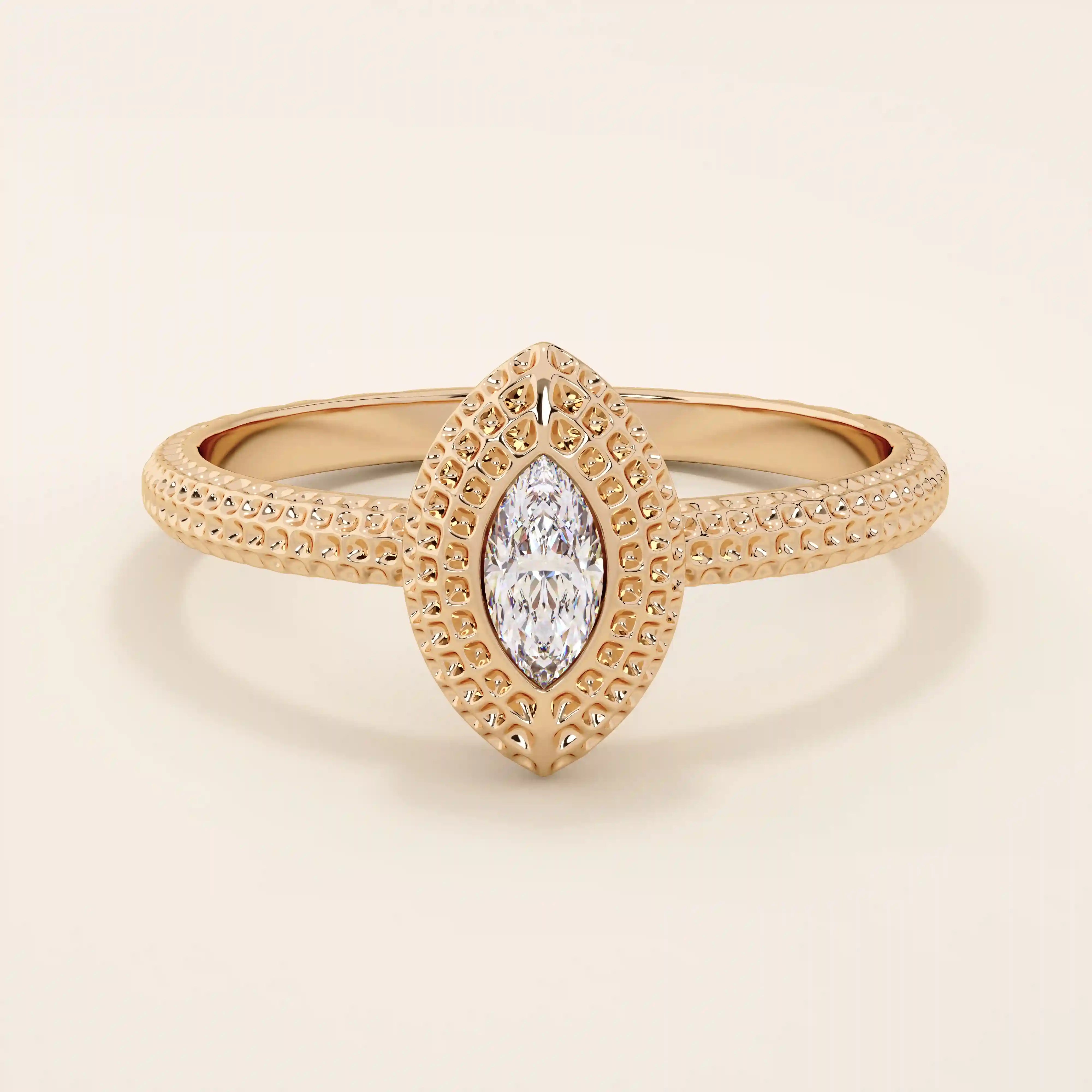 14K SOLID GOLD TEXTURED BAND BEZEL MARQUISE ENGAGEMENT RING FOR WOMEN