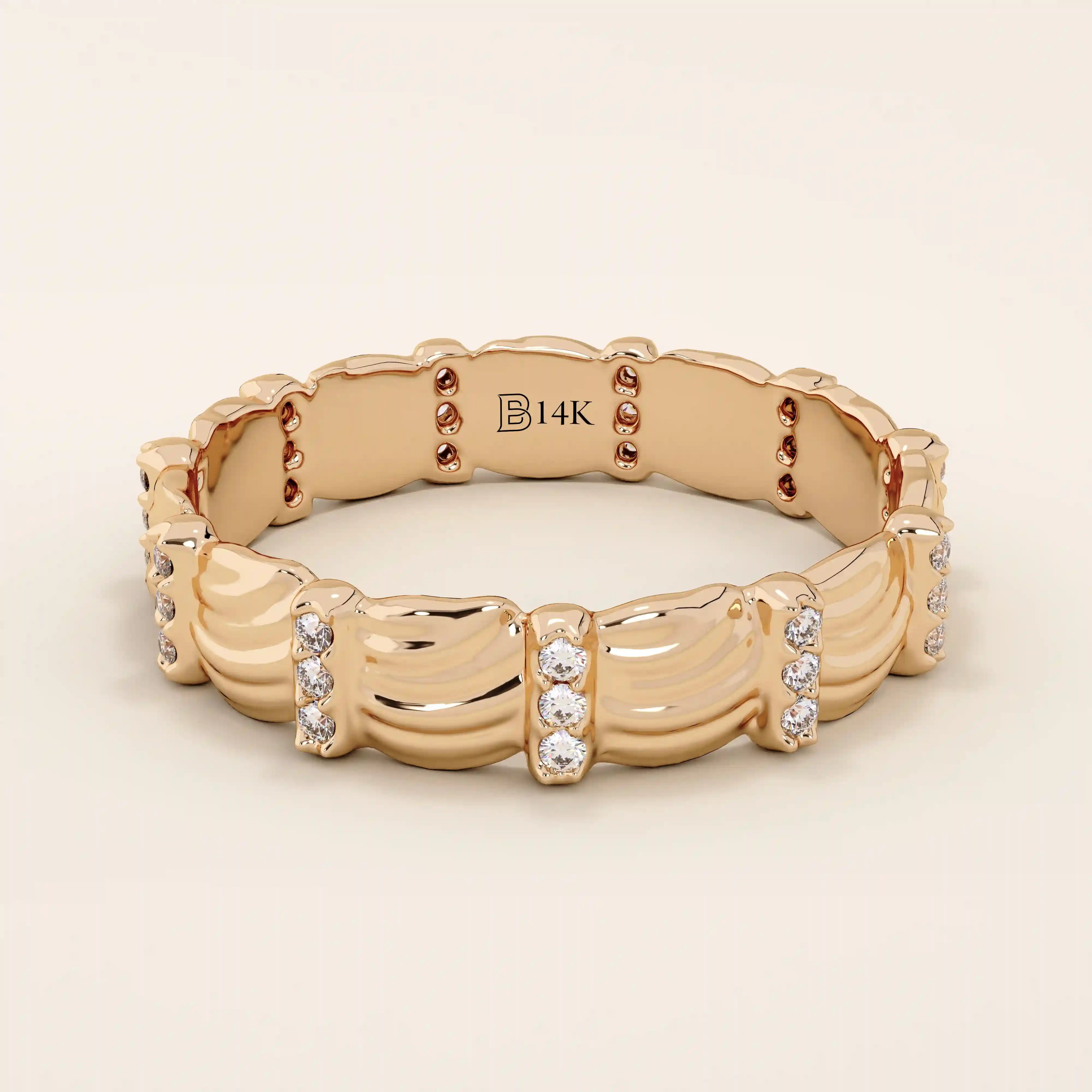 14K SOLID GOLD UNIQUE BUMPY WAVE DESIGN ALLIANCE WEDDING BAND FOR WOMEN PAVED WITH TINY MOISSANITE STONES
