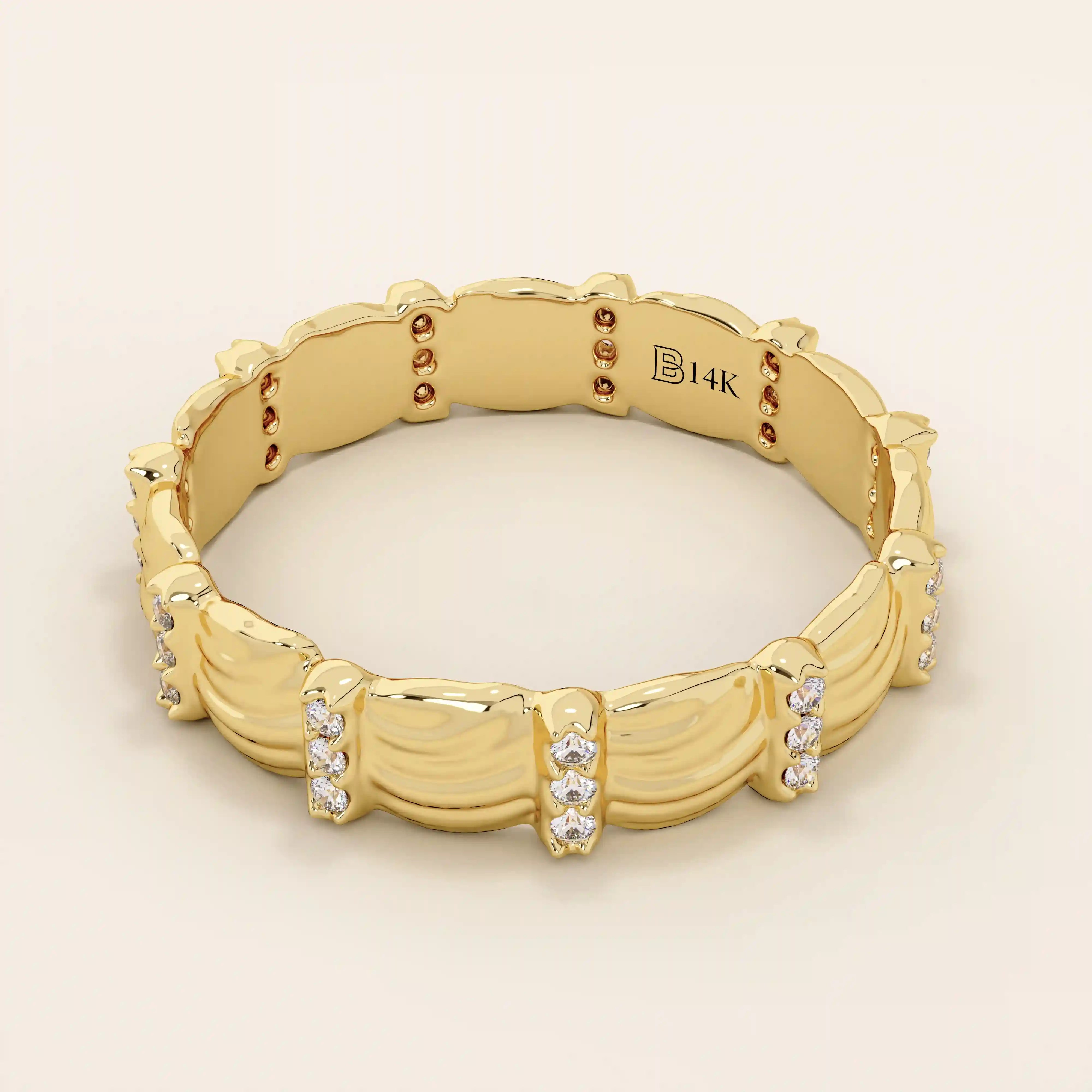 14K SOLID GOLD UNIQUE BUMPY WAVE DESIGN ALLIANCE WEDDING BAND FOR WOMEN PAVED WITH TINY MOISSANITE STONES