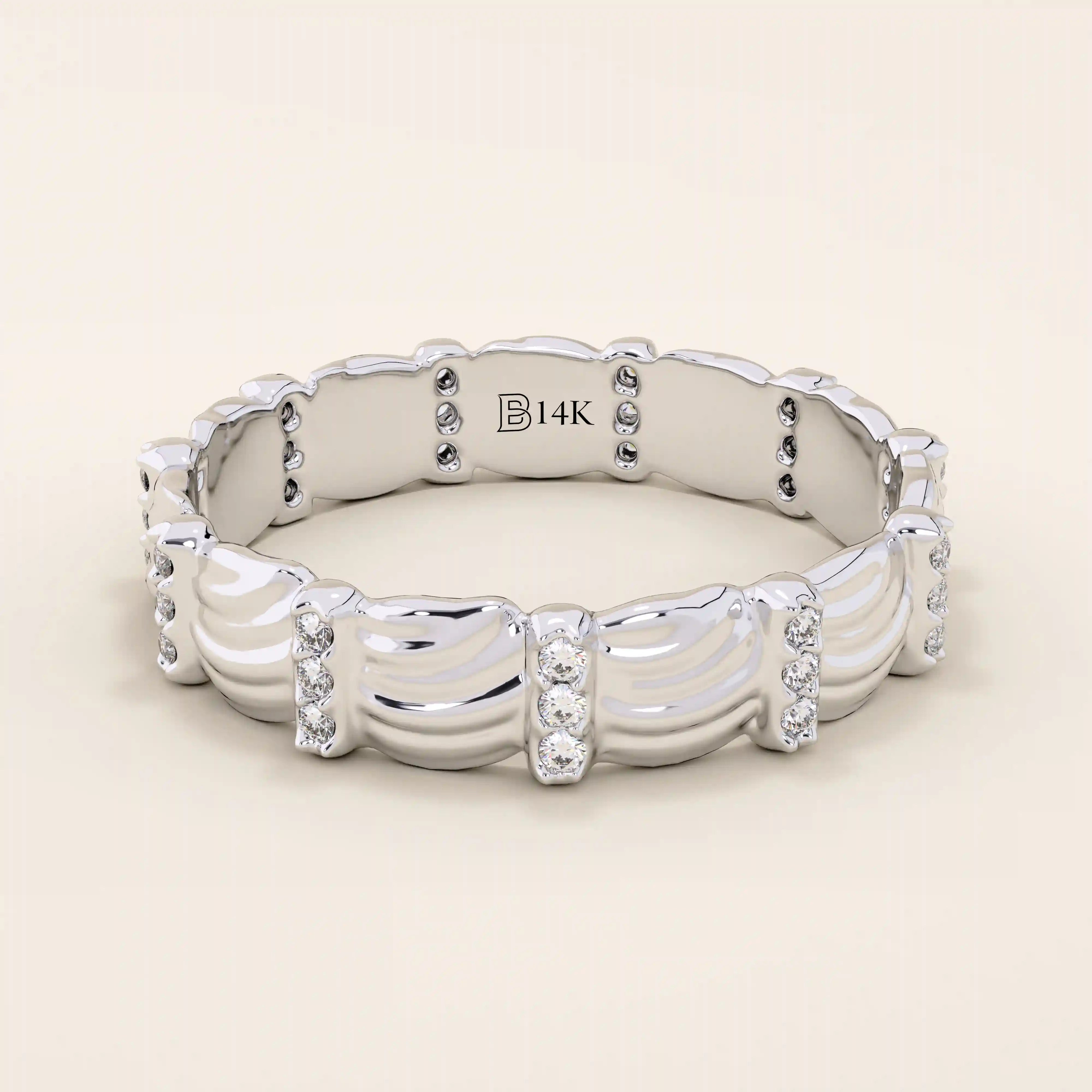 14K SOLID GOLD UNIQUE BUMPY WAVE DESIGN ALLIANCE WEDDING BAND FOR WOMEN PAVED WITH TINY MOISSANITE STONES