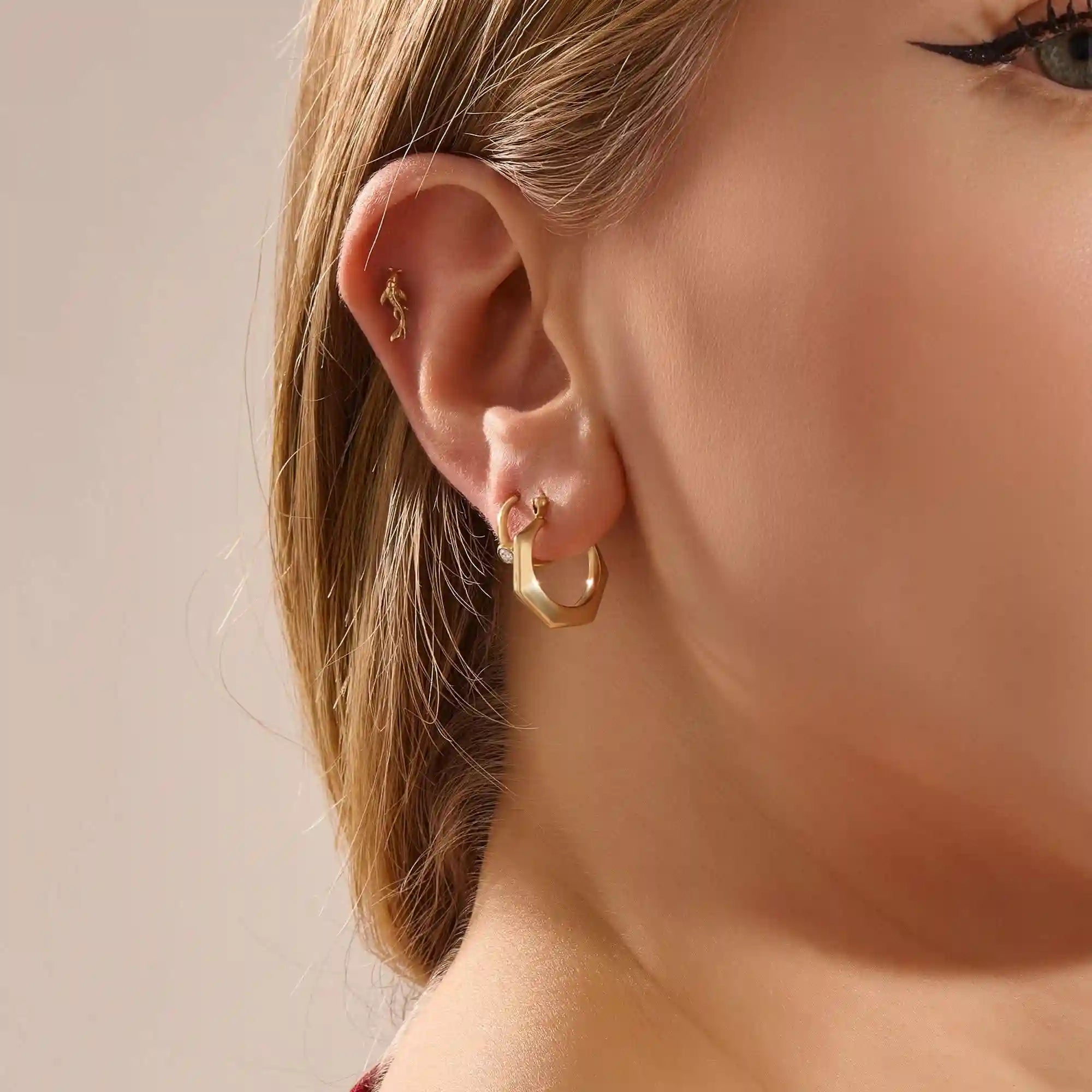 14K SOLID GOLD EDGE HEXAGON HOOP EARRINGS FOR WOMEN