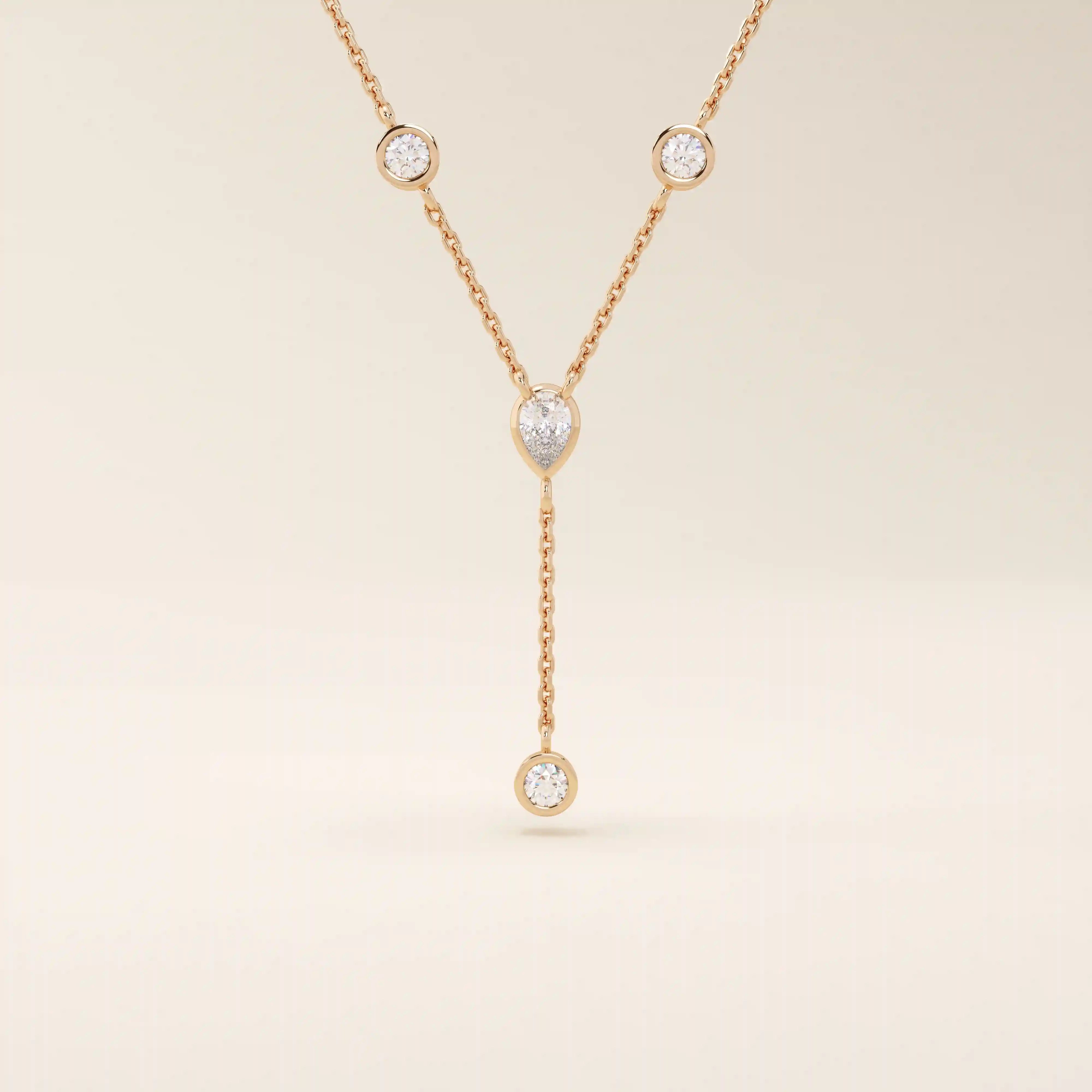 14K SOLID GOLD Y LARIAT NECKLACE WITH BEZEL SET PEAR AND ROUND CUT MOISSANITE STONES FOR WOMEN