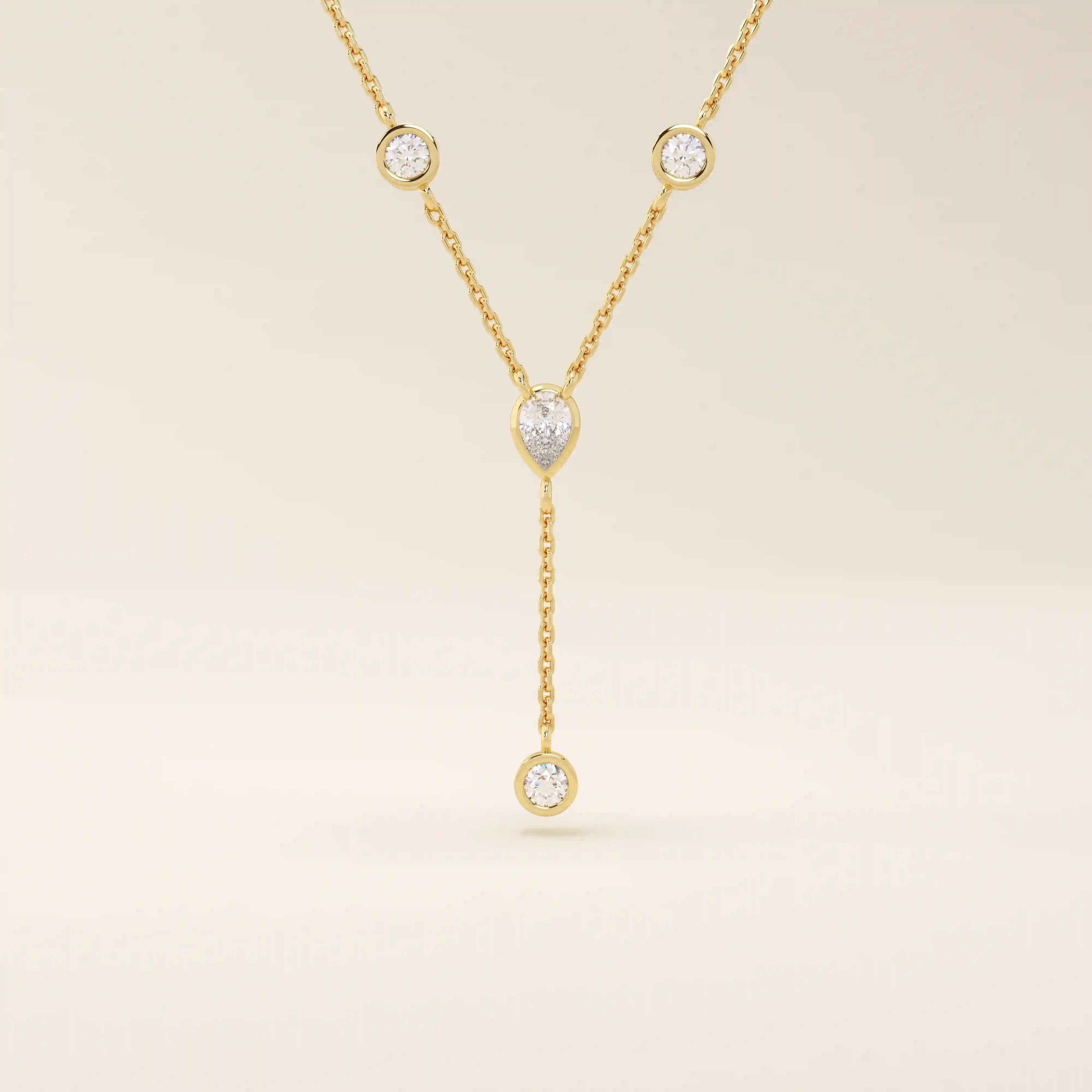 14K SOLID GOLD Y LARIAT NECKLACE WITH BEZEL SET PEAR AND ROUND CUT MOISSANITE STONES FOR WOMEN