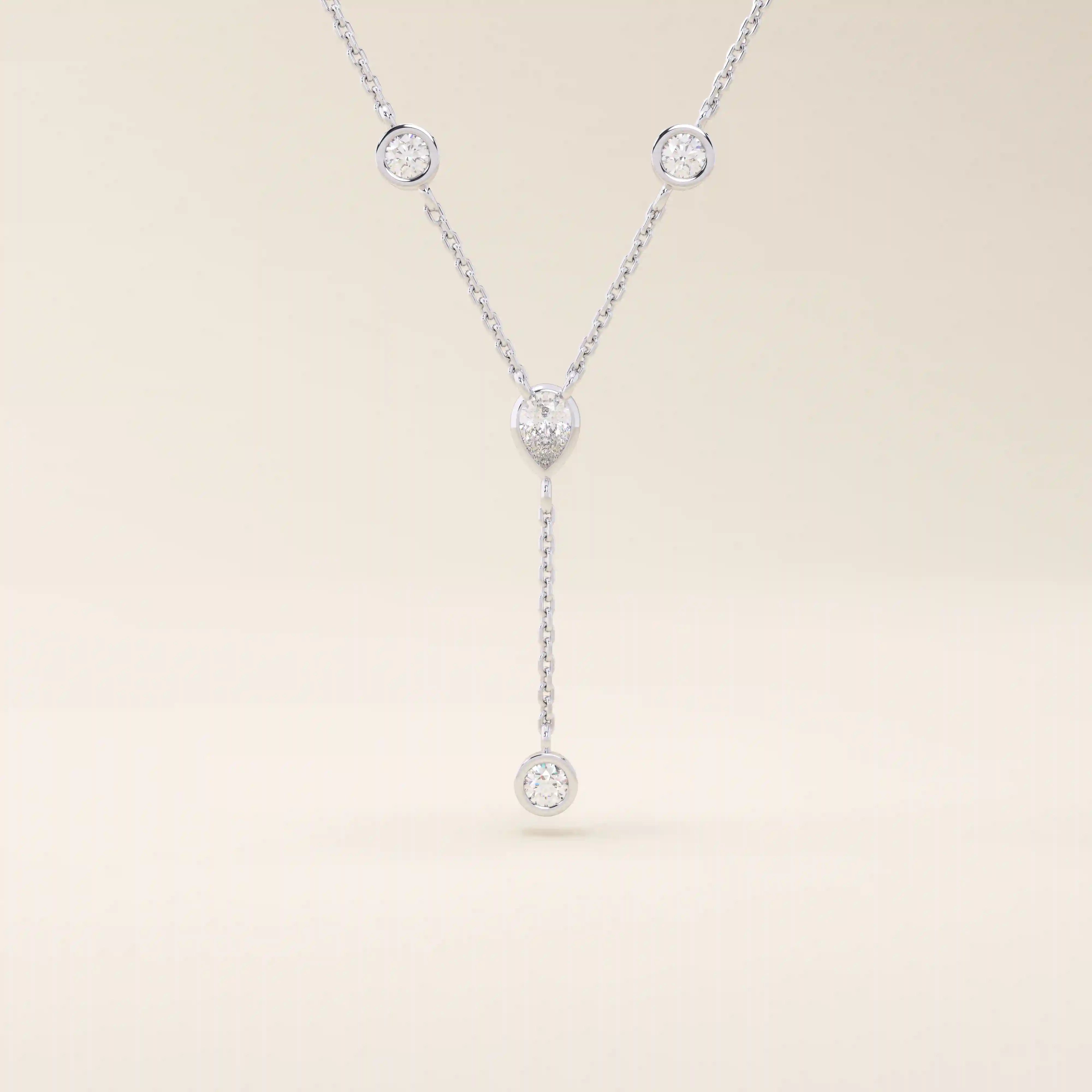 14K SOLID GOLD Y LARIAT NECKLACE WITH BEZEL SET PEAR AND ROUND CUT MOISSANITE STONES FOR WOMEN
