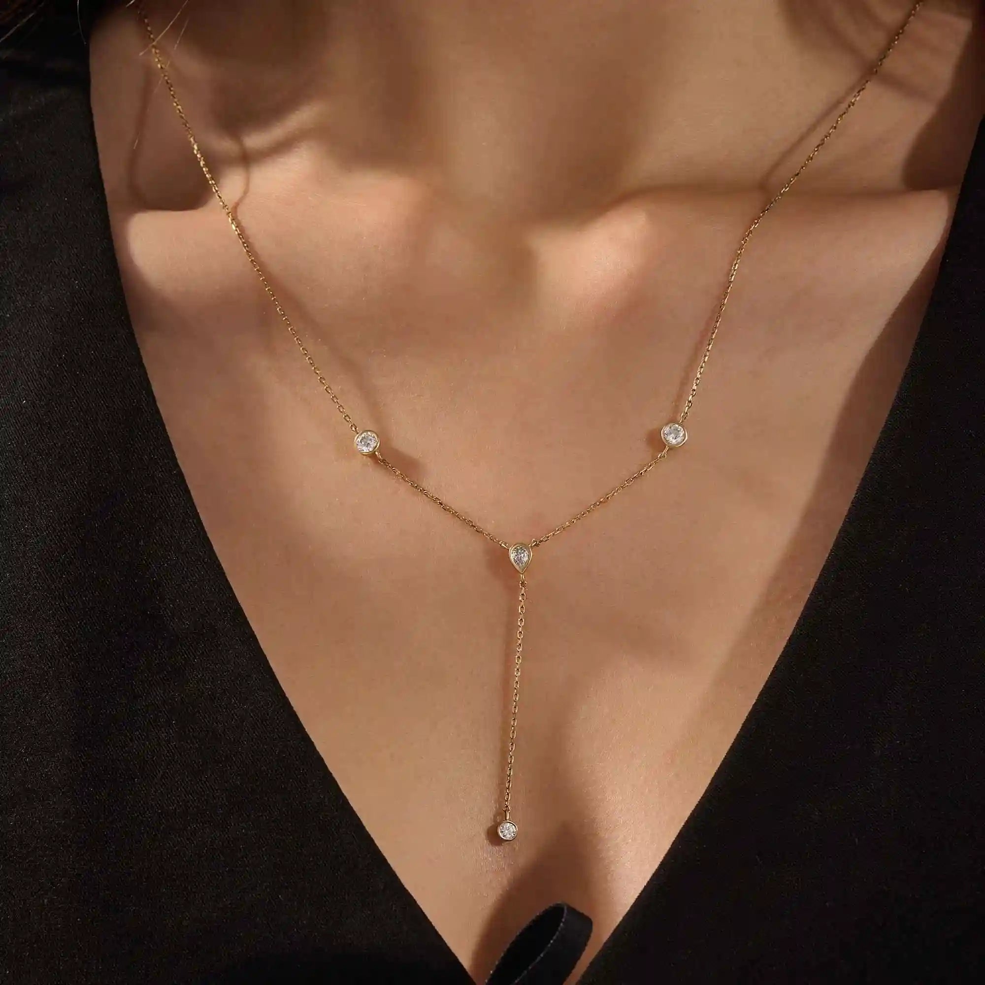 14K SOLID GOLD Y LARIAT NECKLACE WITH BEZEL SET PEAR AND ROUND CUT MOISSANITE STONES FOR WOMEN