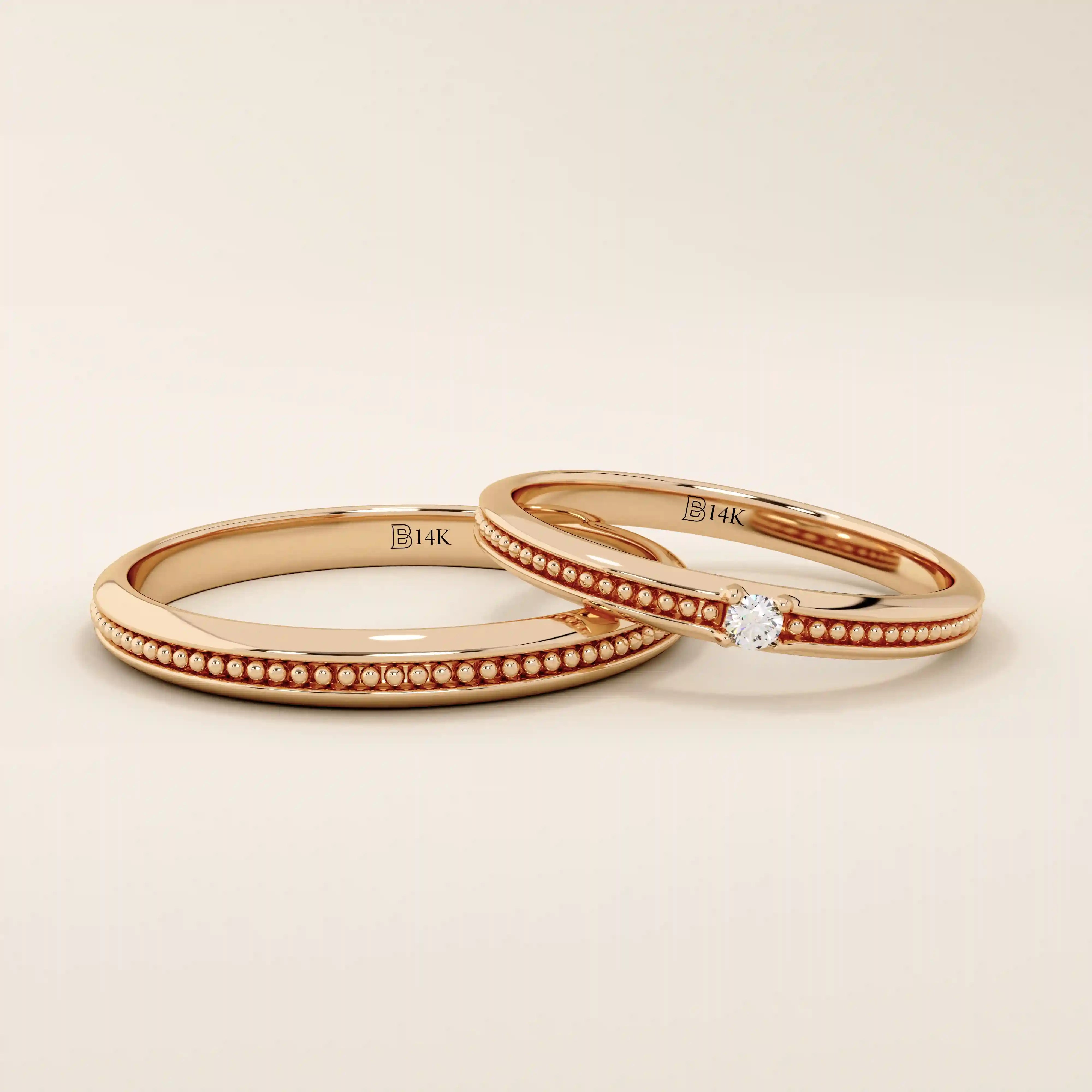 14k solid gold beaded slim band stackable alliance wedding ring for women