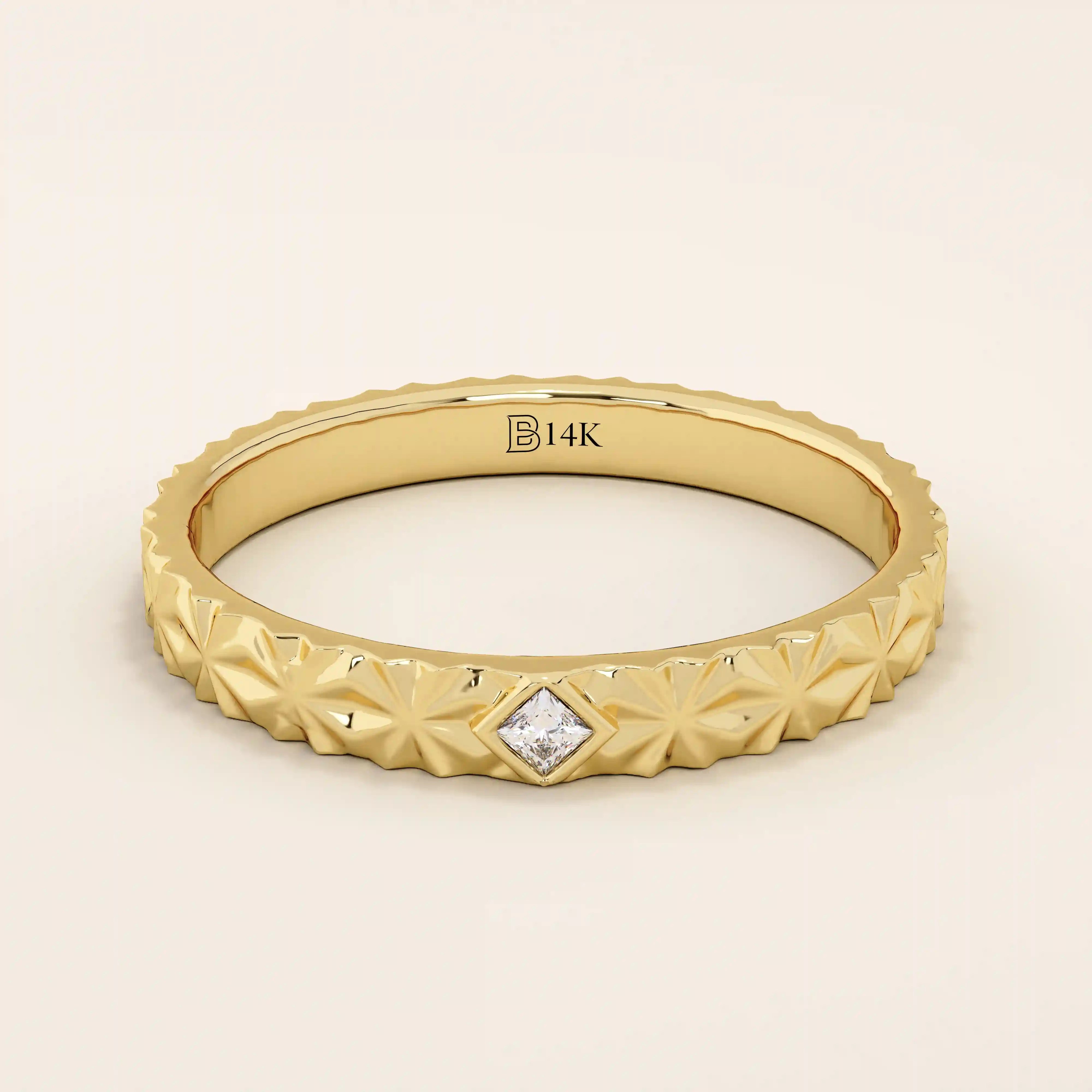 14k solid gold geometric textured patterned slim unisex wedding band alliance with bezel set princess cut moissanite