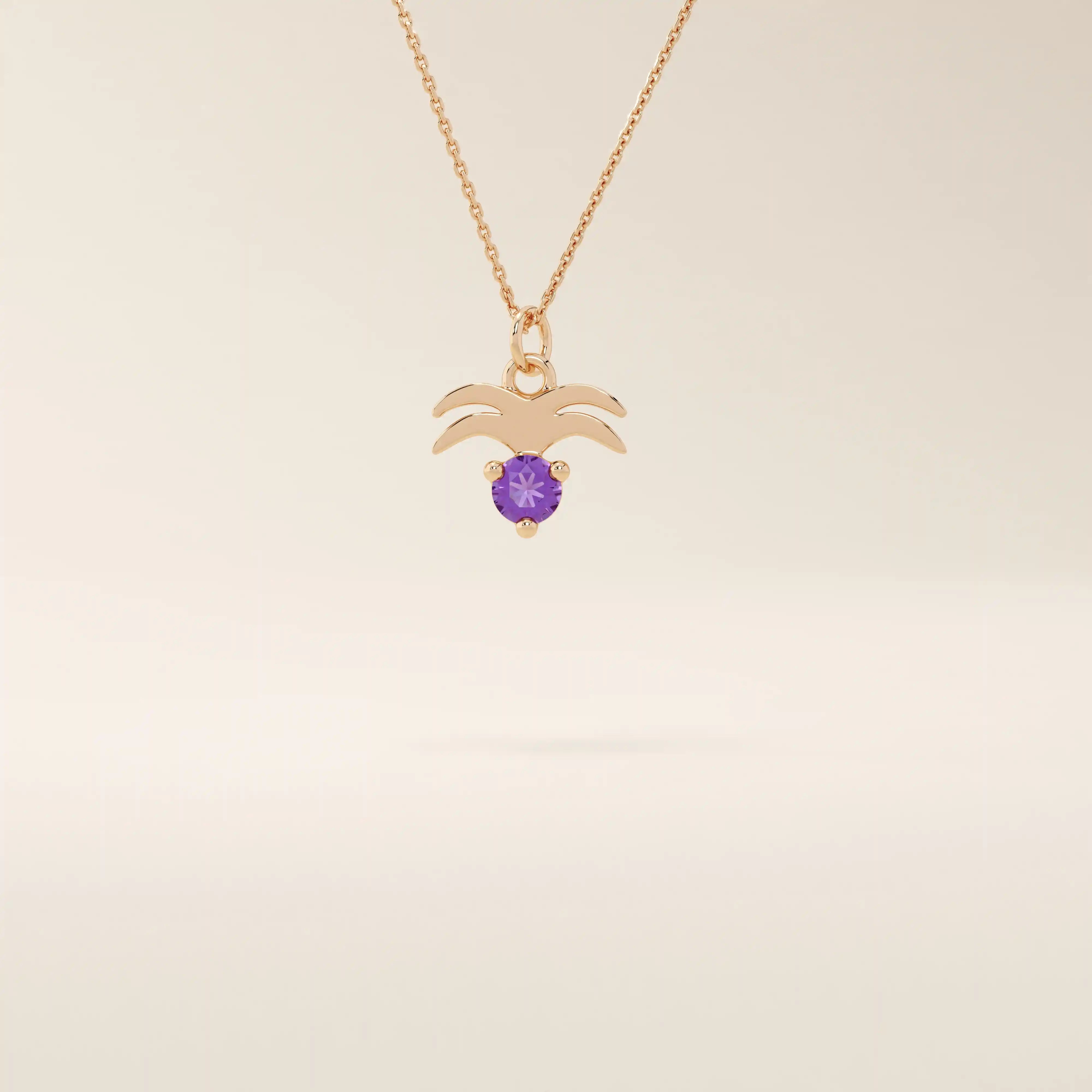 14k solid gold Aquarius zodiac symbol pendant necklace with a deep purple amethyst. Minimalist astrology birthstone jewelry.