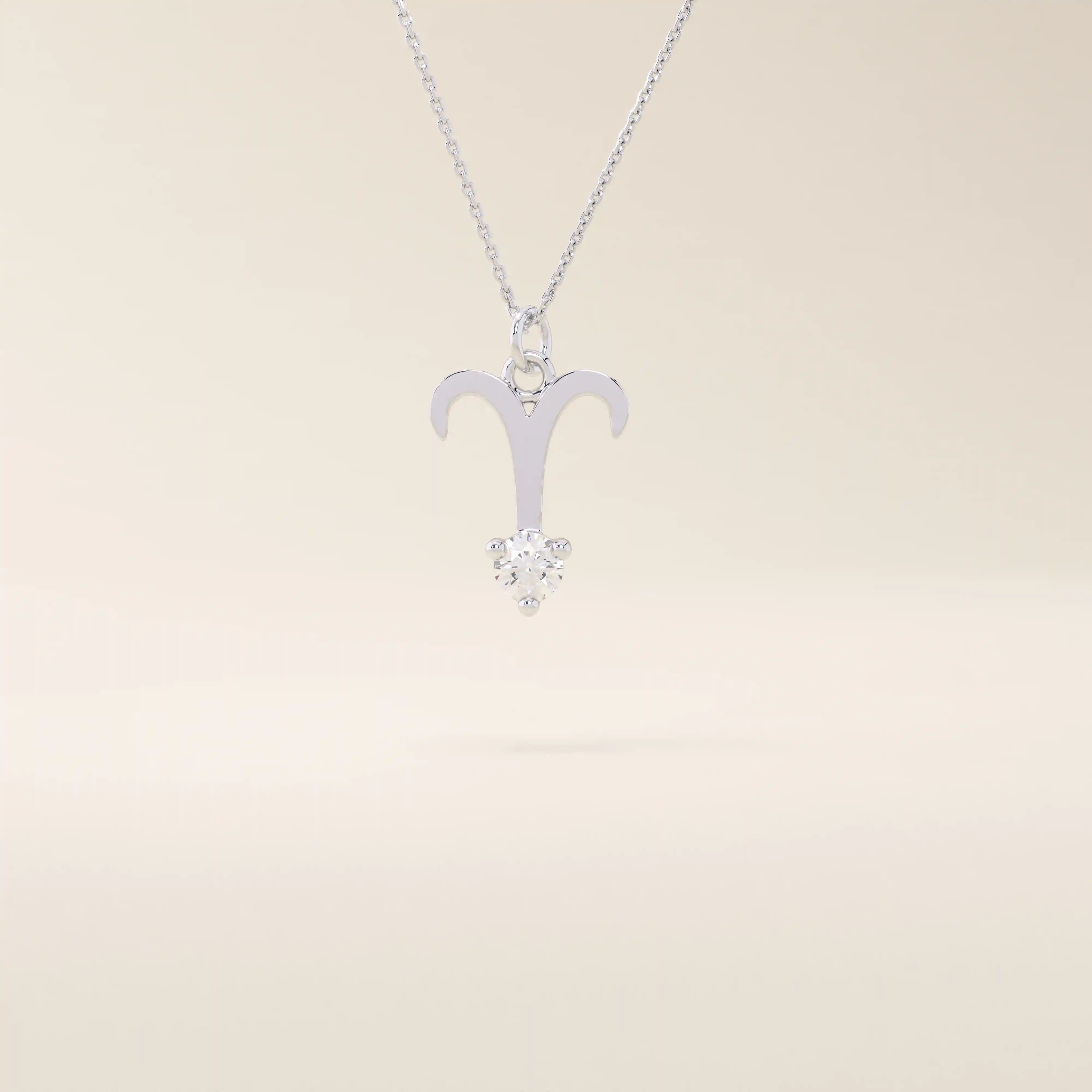 14k solid gold Aries zodiac symbol pendant necklace with a sparkling clear moissanite, minimalist astrology jewelry.