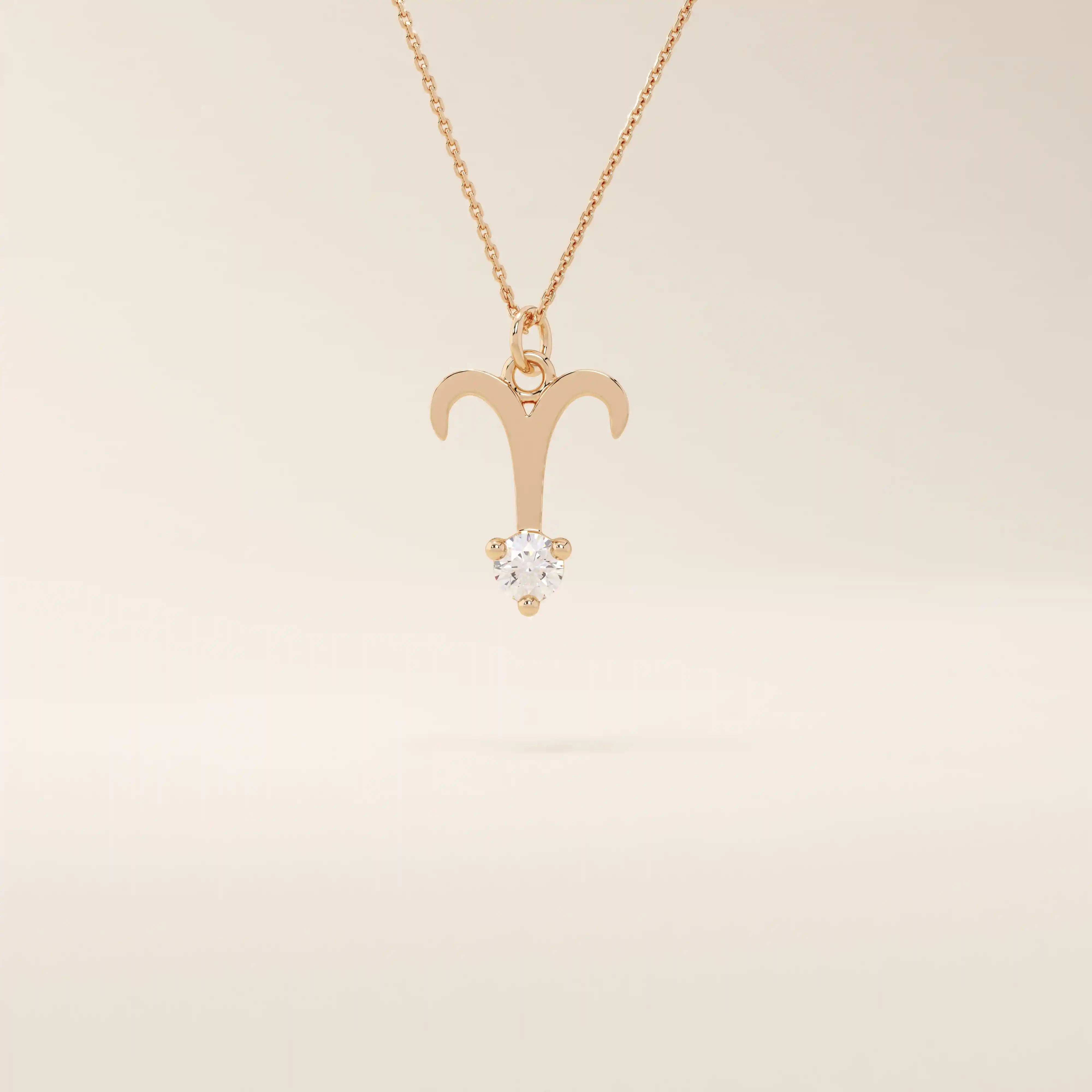 14k solid gold Aries zodiac symbol pendant necklace with a sparkling clear moissanite, minimalist astrology jewelry.