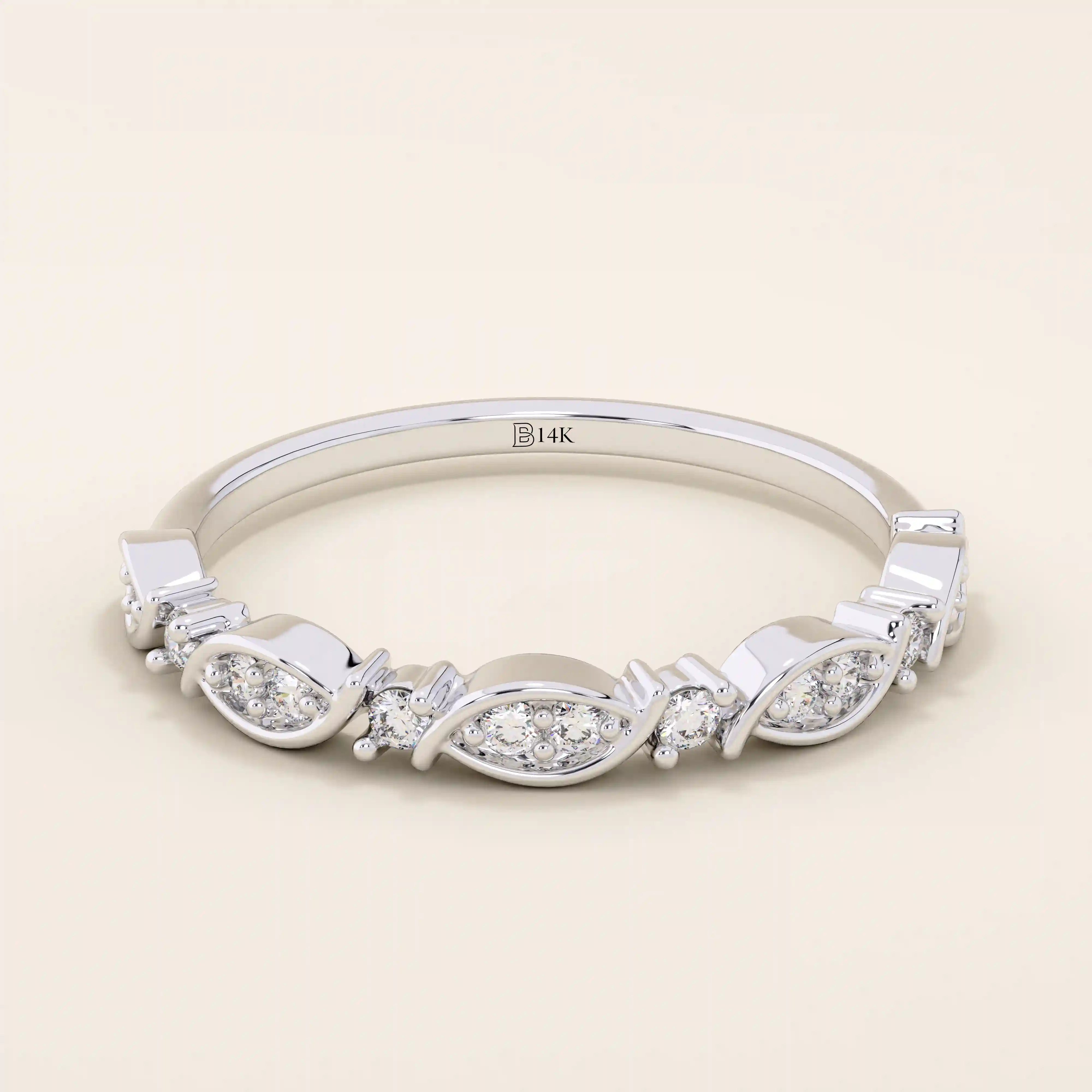 14k solid gold Art Deco-inspired stacking wedding ring with pave-set moissanites. Geometric and elegant design perfect for layering.