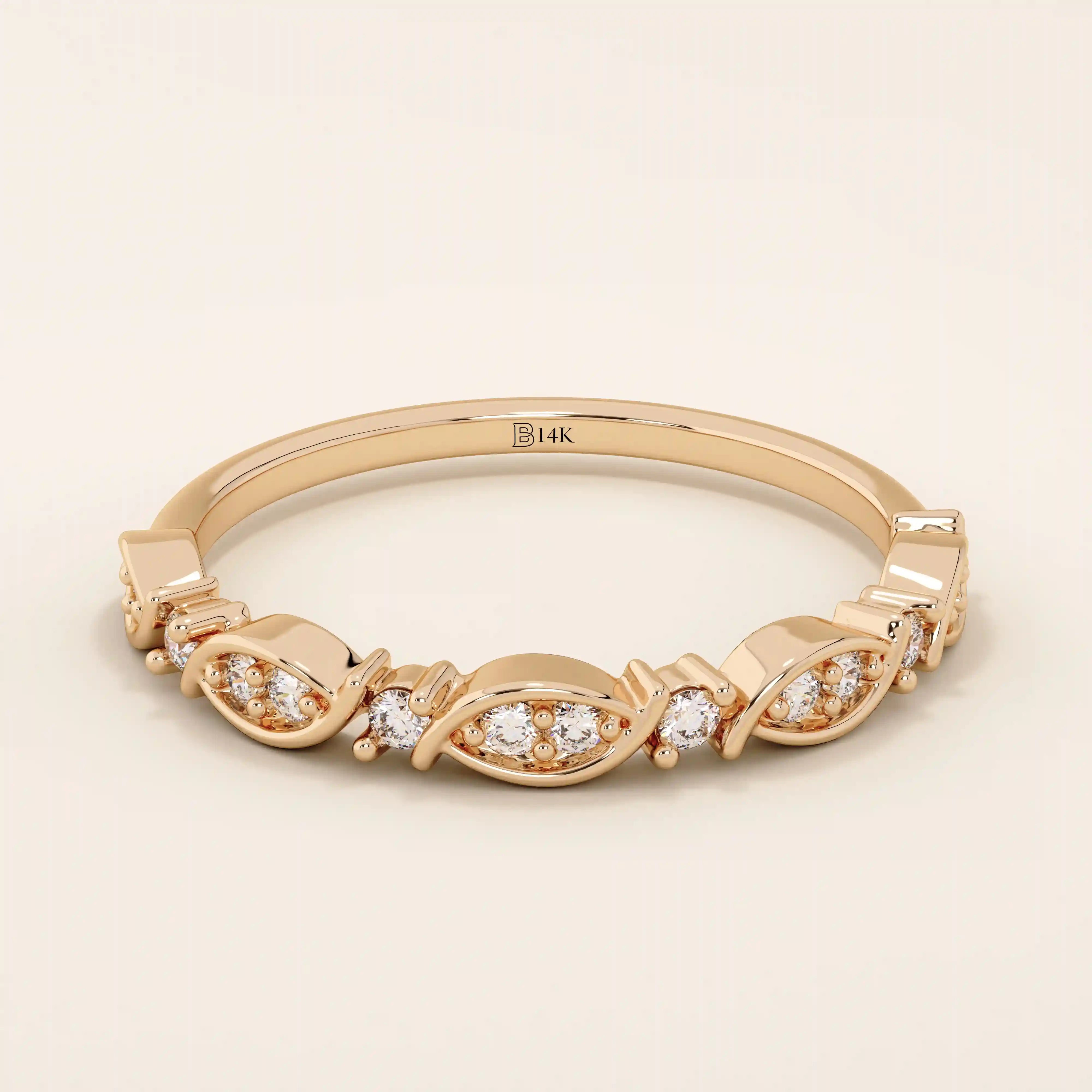 14k solid gold Art Deco-inspired stacking wedding ring with pave-set moissanites. Geometric and elegant design perfect for layering.