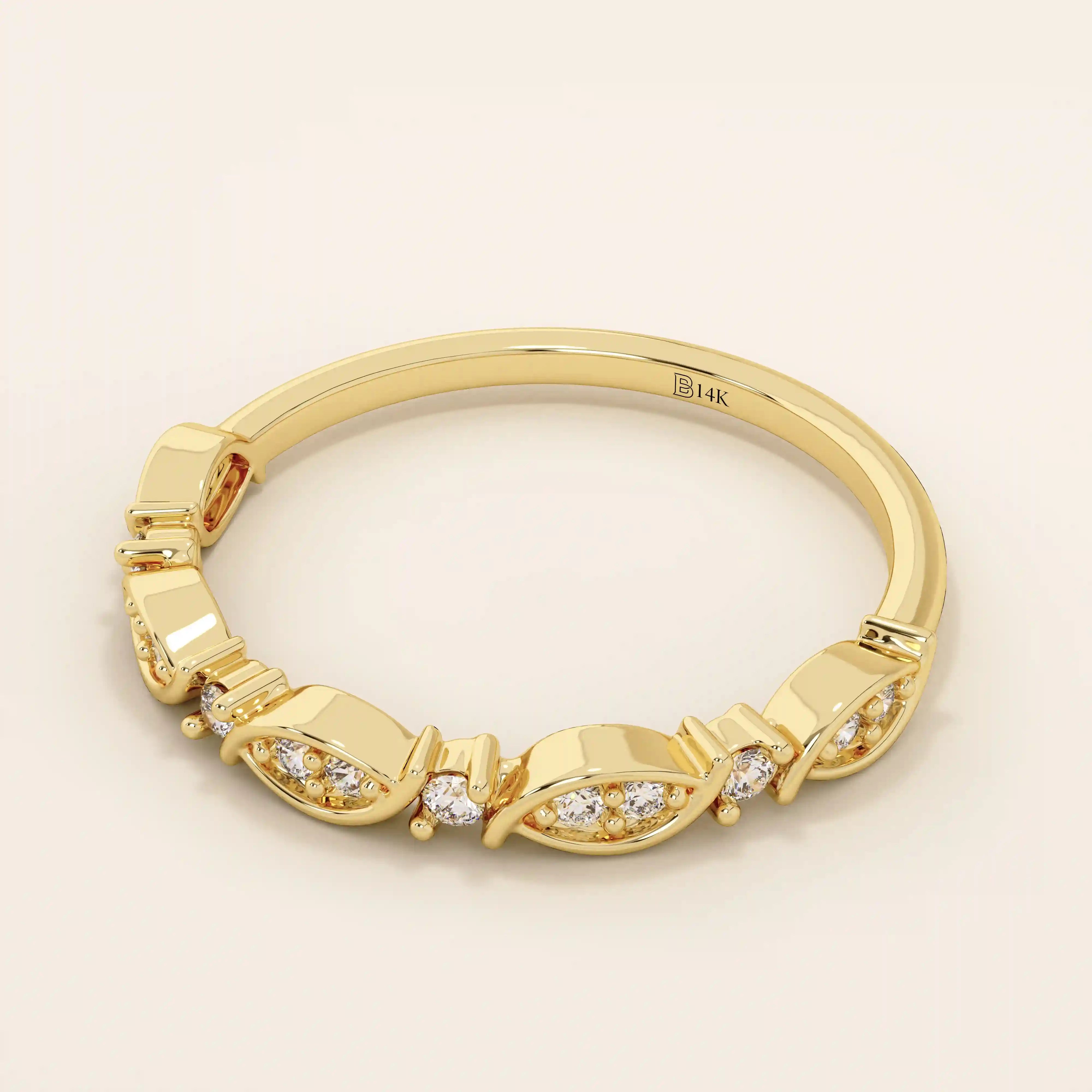 14k solid gold Art Deco-inspired stacking wedding ring with pave-set moissanites. Geometric and elegant design perfect for layering.