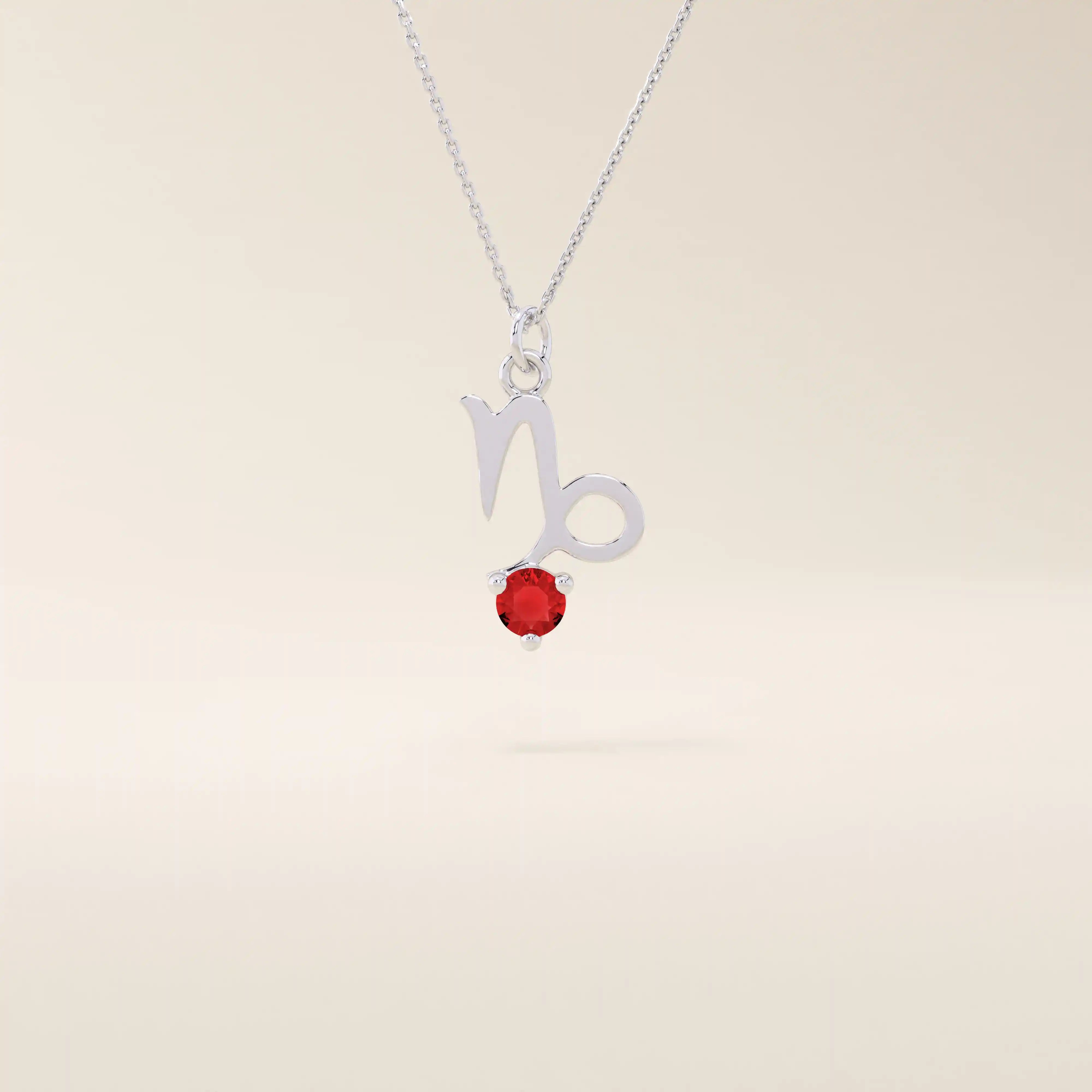 14k solid gold Capricorn symbol pendant necklace featuring a deep red garnet birthstone. A meaningful zodiac necklace perfect for personalized gifting.