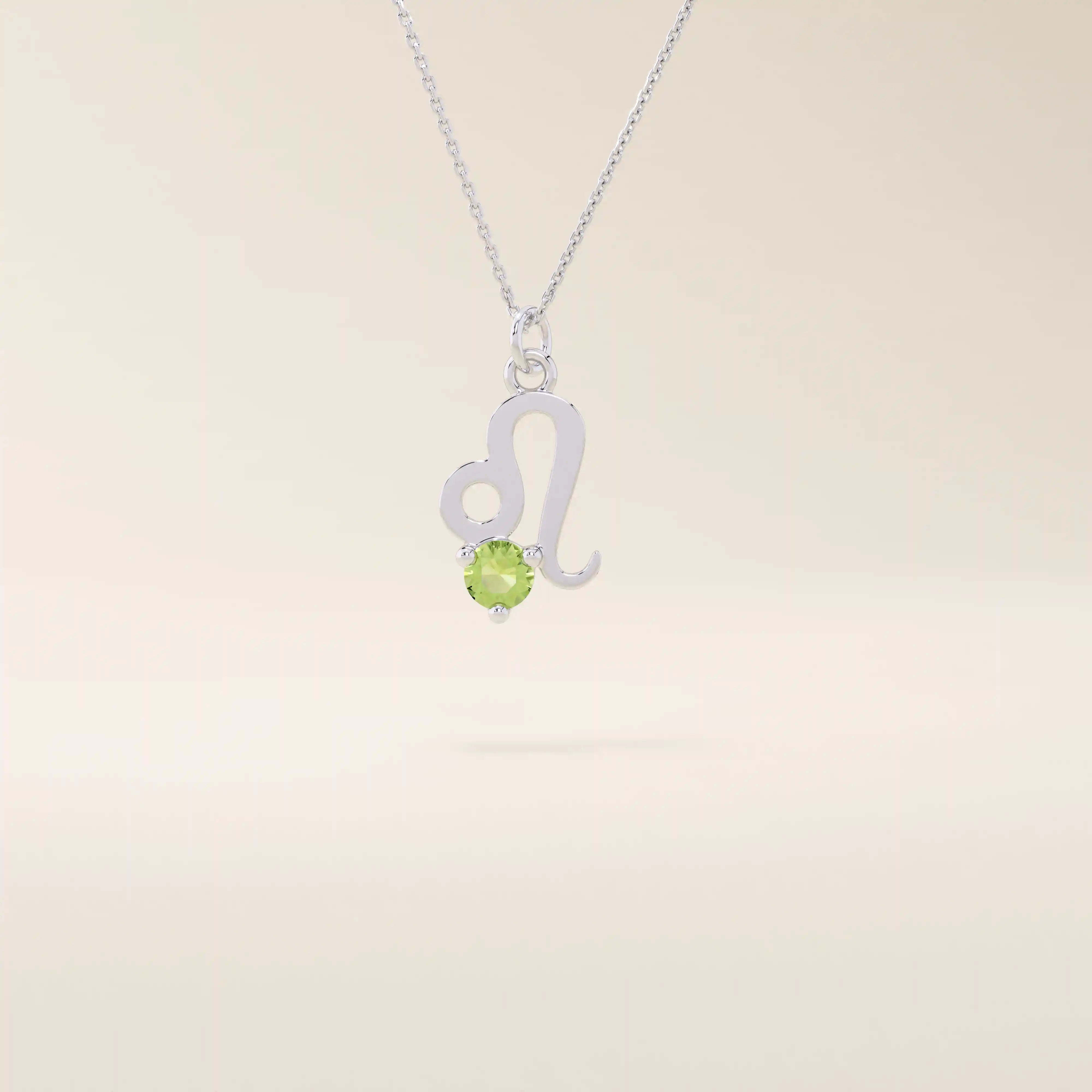 14k solid gold Leo zodiac symbol pendant necklace with a round green peridot, minimalist astrology birthstone jewelry.