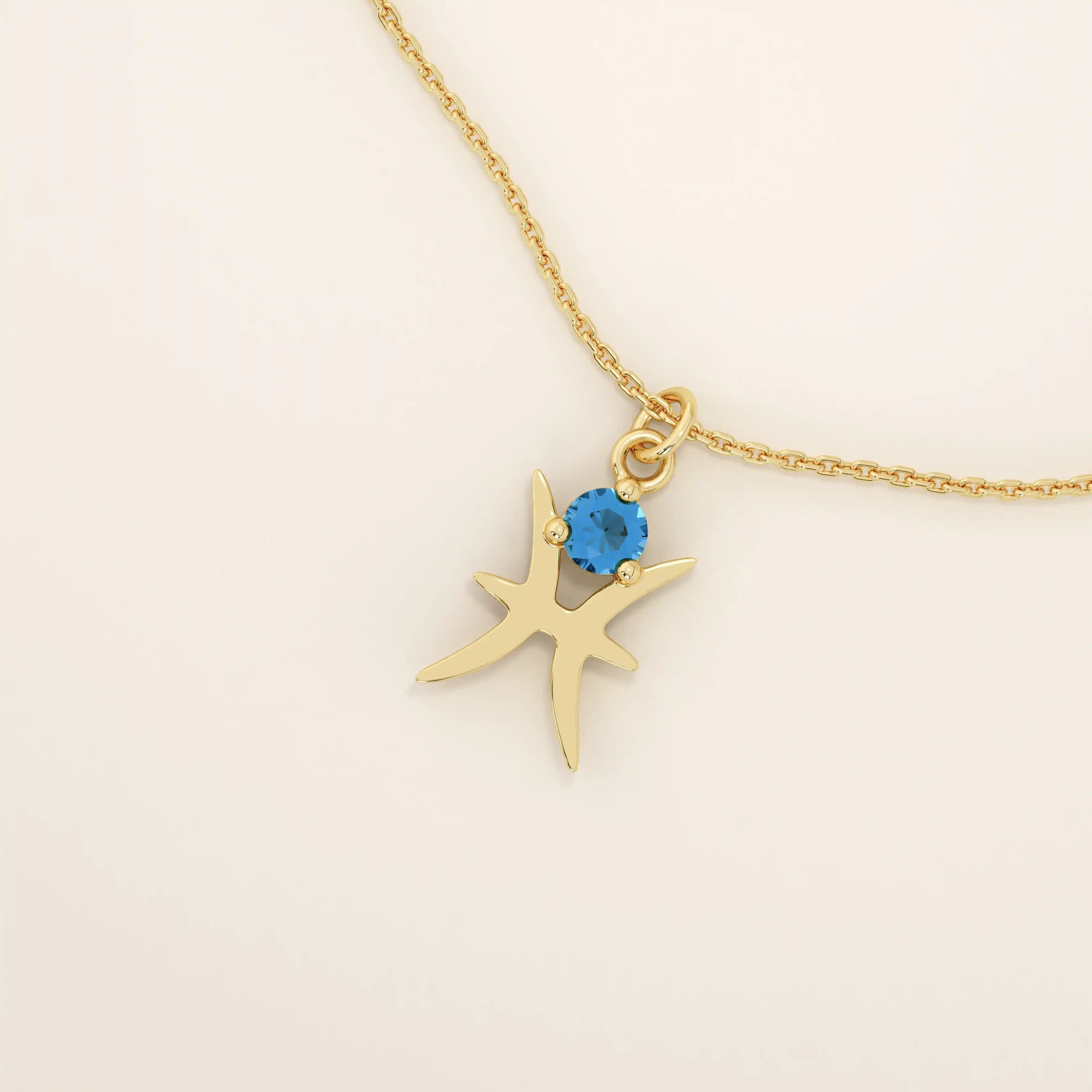 14k solid gold Pisces zodiac symbol pendant necklace with a round aquamarine, minimalist astrology birthstone jewelry.