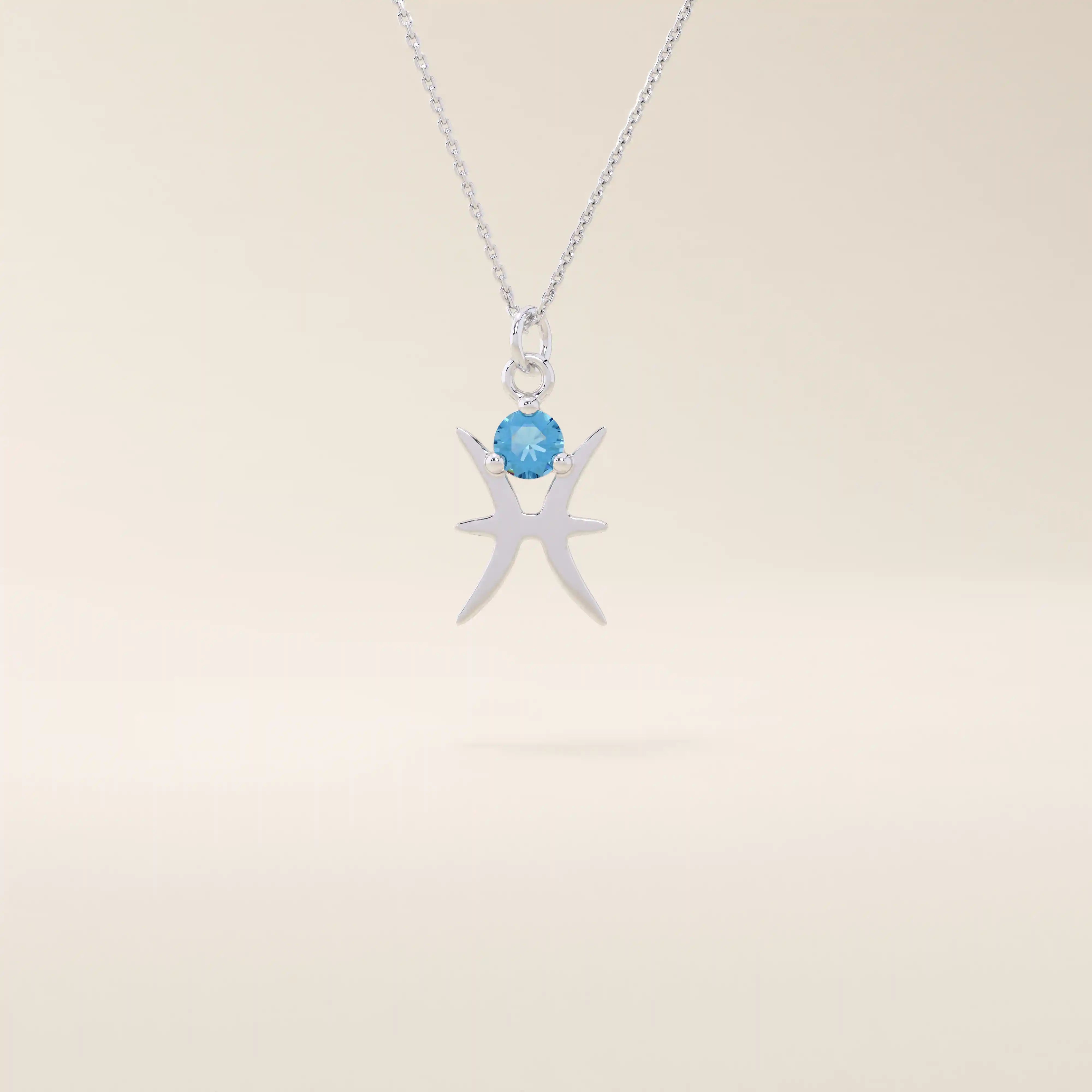 14k solid gold Pisces zodiac symbol pendant necklace with a round aquamarine, minimalist astrology birthstone jewelry.