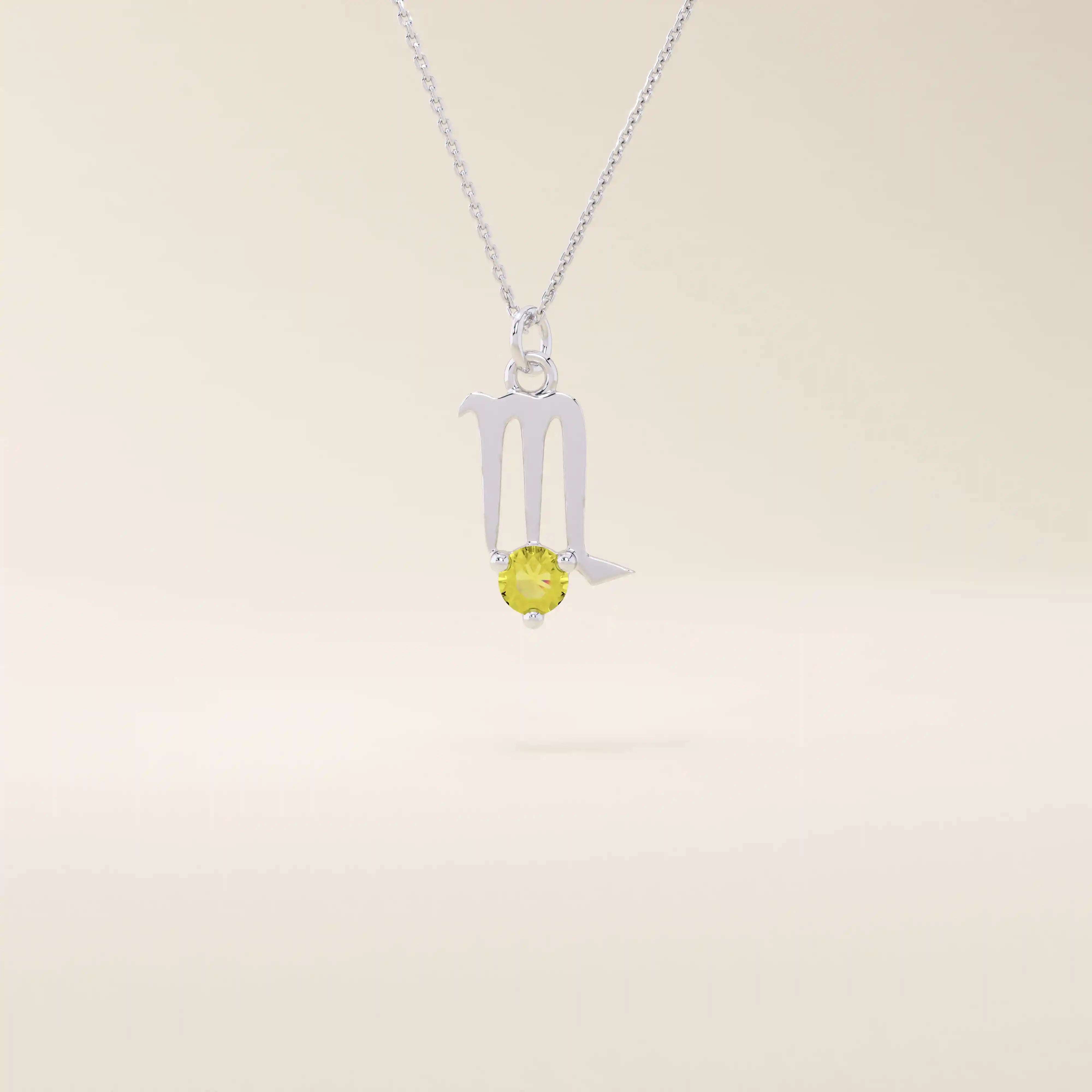 14k solid gold Scorpio zodiac symbol pendant necklace with a warm citrine gemstone. Minimalist astrology birthstone jewelry for women.