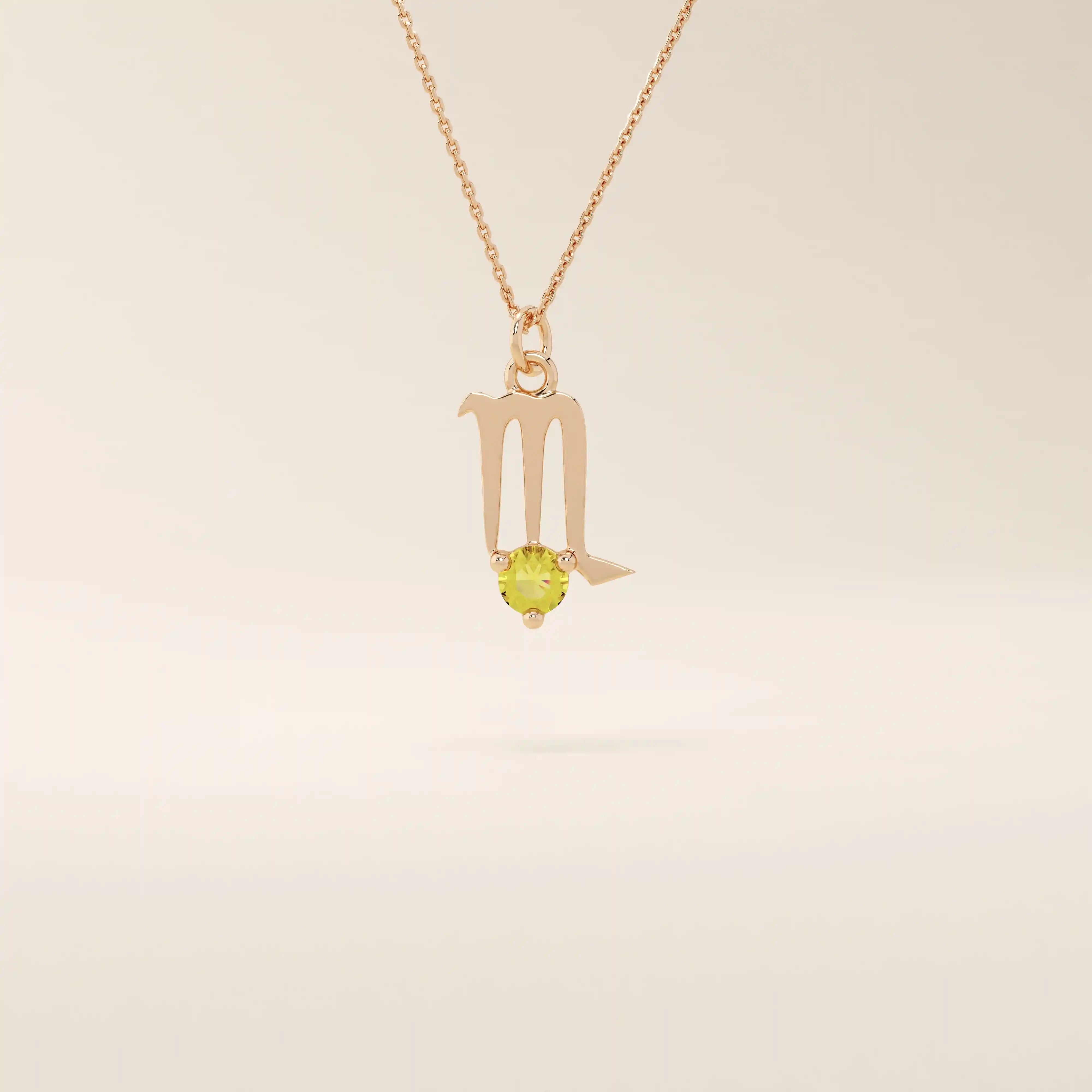 14k solid gold Scorpio zodiac symbol pendant necklace with a warm citrine gemstone. Minimalist astrology birthstone jewelry for women.