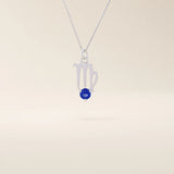 14k solid gold Virgo zodiac symbol pendant necklace with a round blue sapphire, minimalist astrology birthstone jewelry.