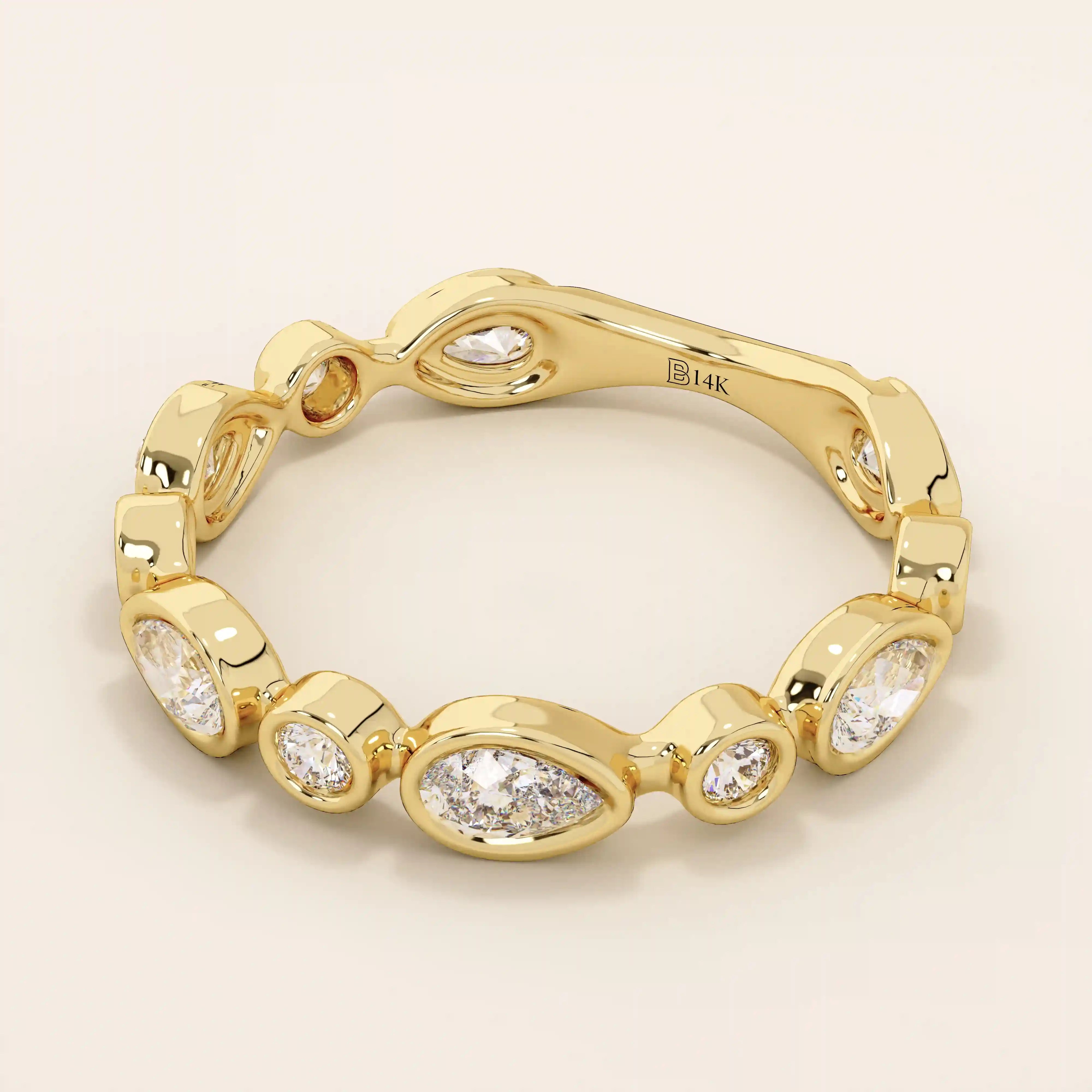 14k solid gold bezel pear round wedding ring for women