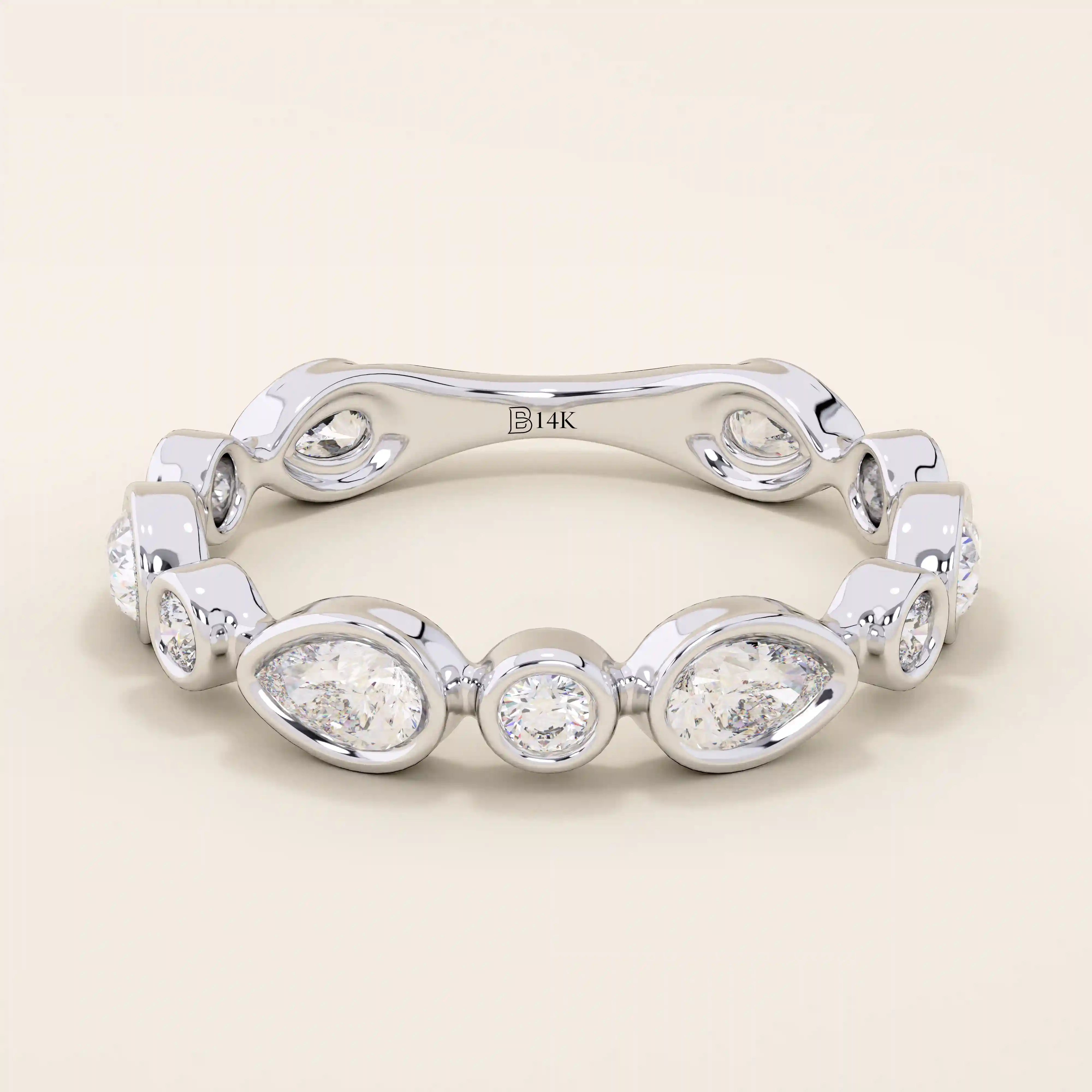 14k solid gold bezel pear round wedding ring for women