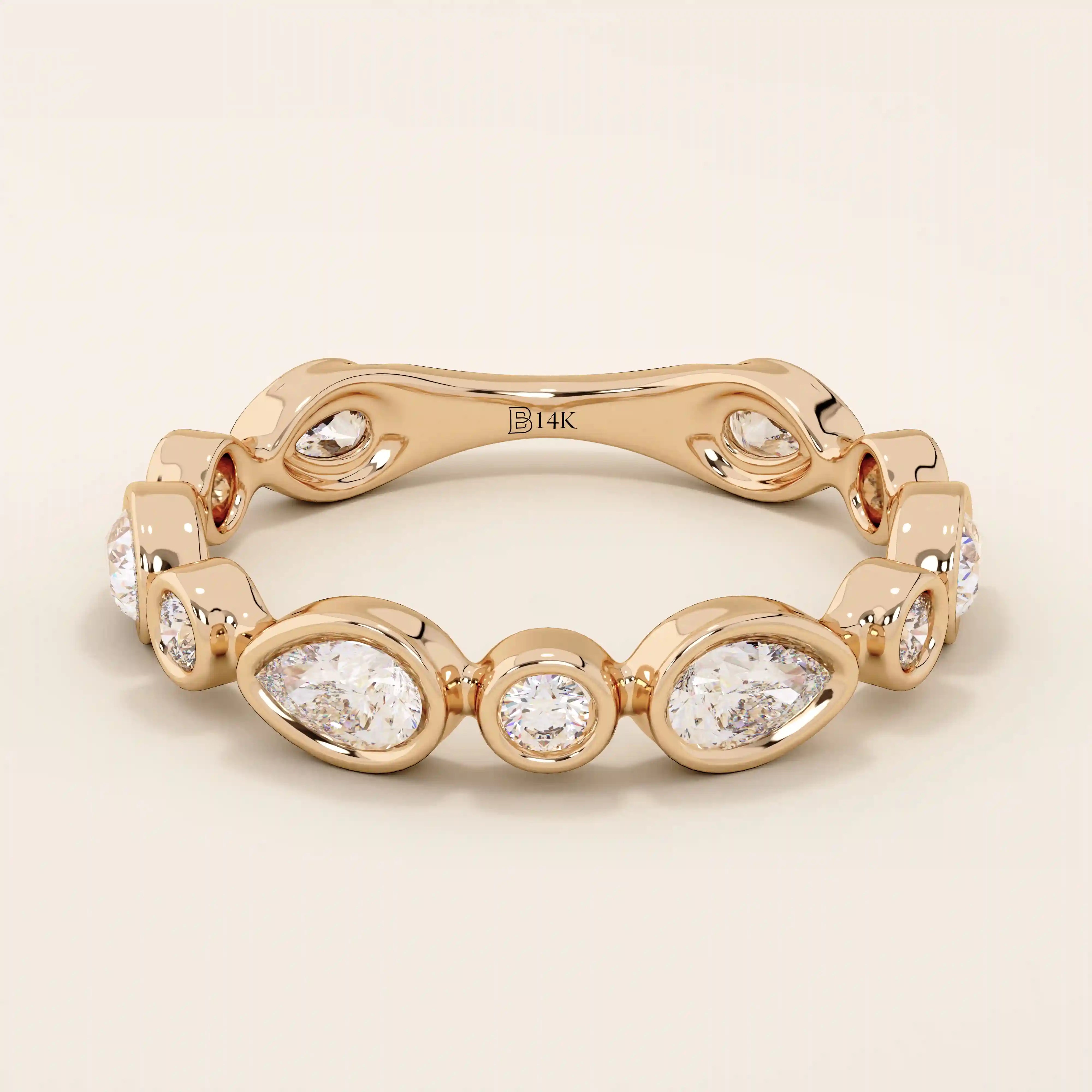 14k solid gold bezel pear round wedding ring for women