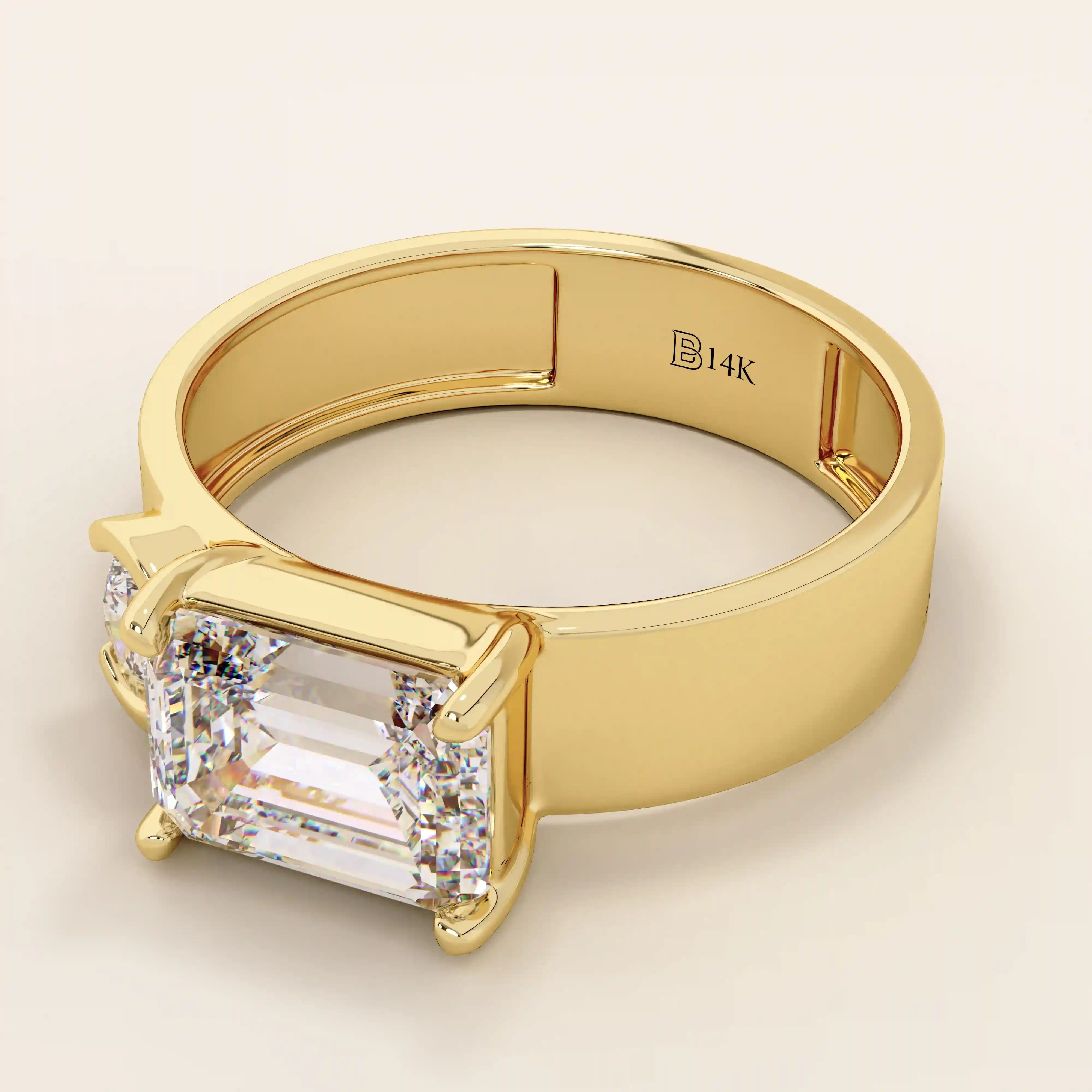 14k solid gold bold chunky Toi et Moi engagement ring featuring a prong-set emerald-cut moissanite and round-cut moissanites half bezel set. Modern, statement bridal design.