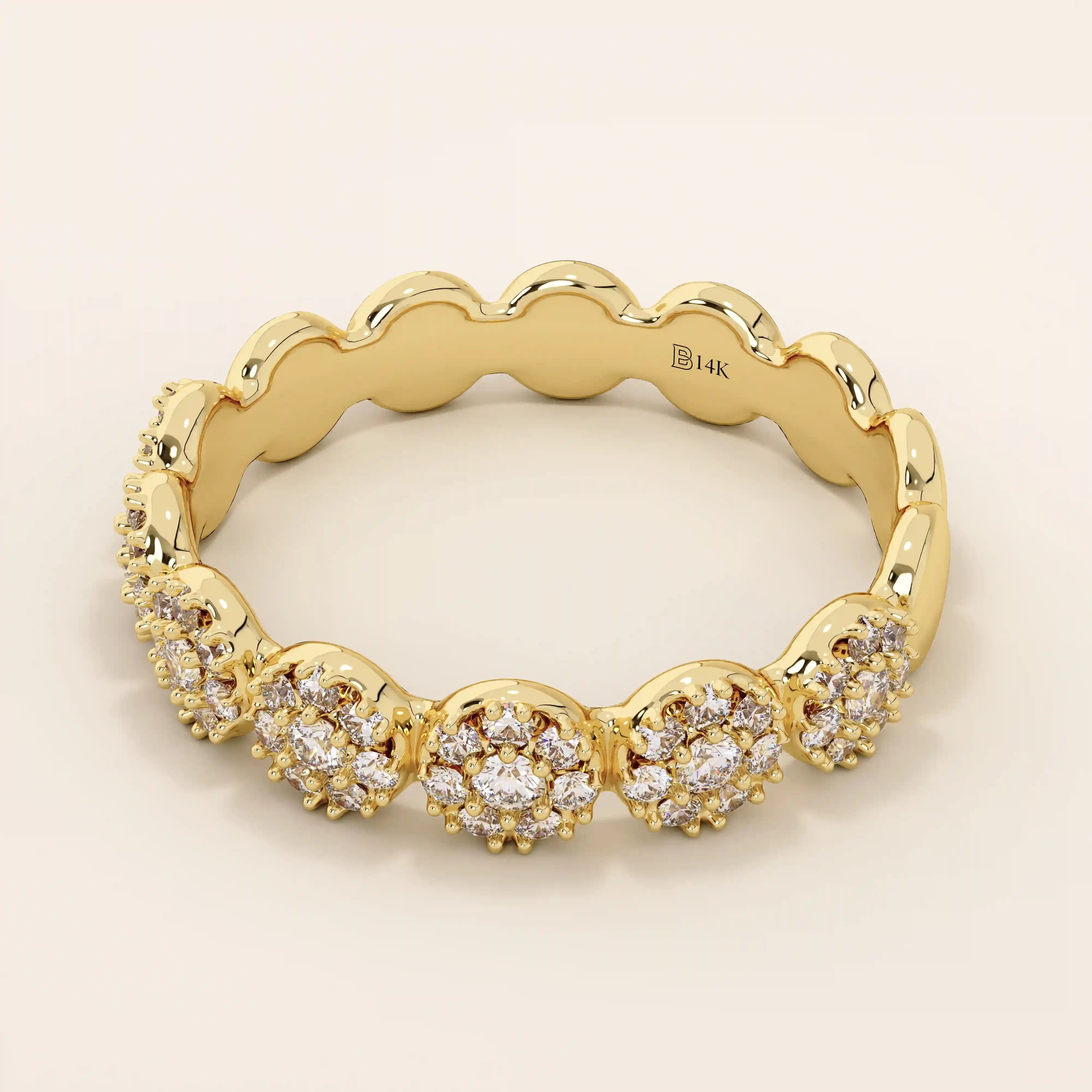14k solid gold bold dots band ring with pave-set moissanites. Modern statement jewelry for women.