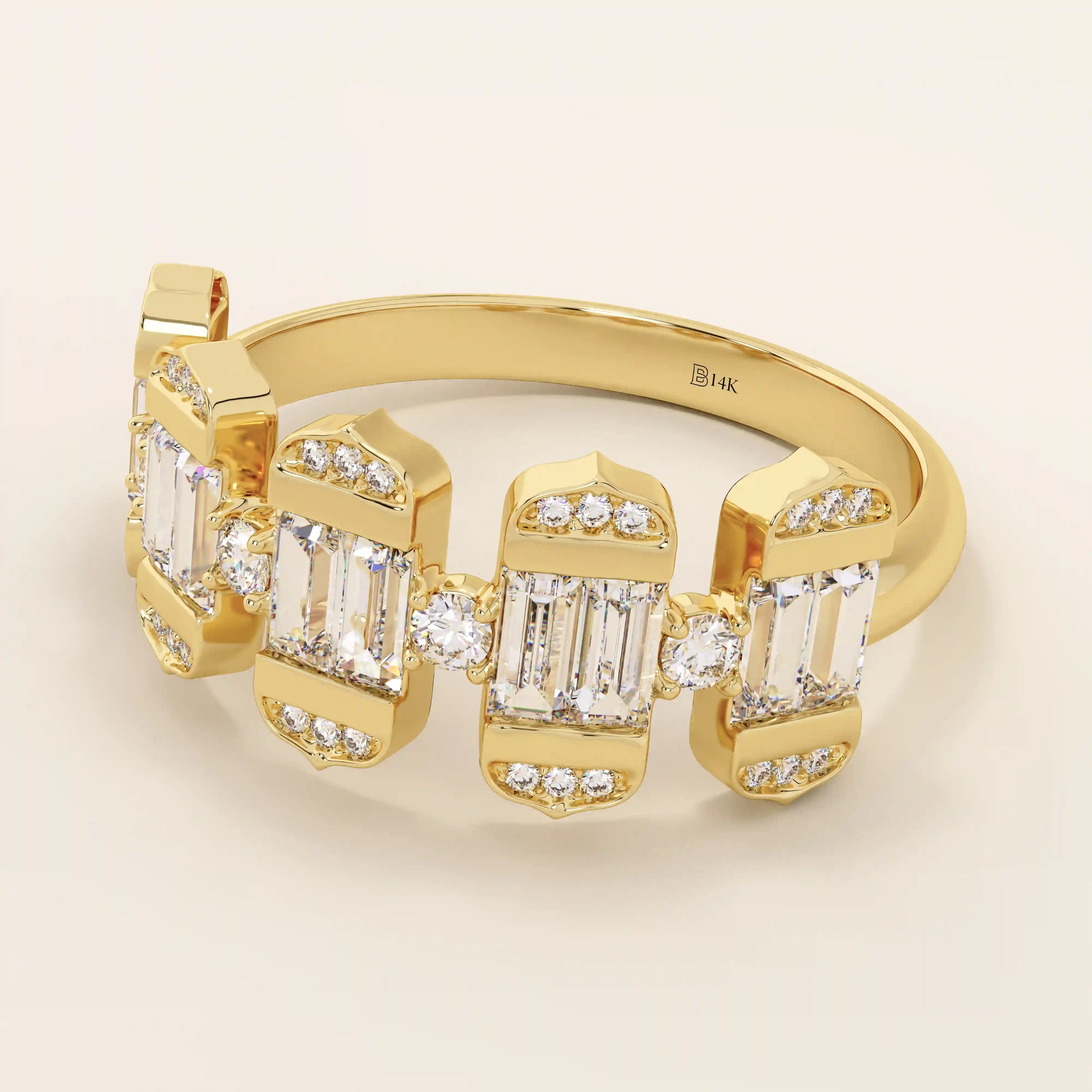 14k solid gold bold statement ring featuring unique baguette-cut spike design. A one-of-a-kind piece for standout style.
