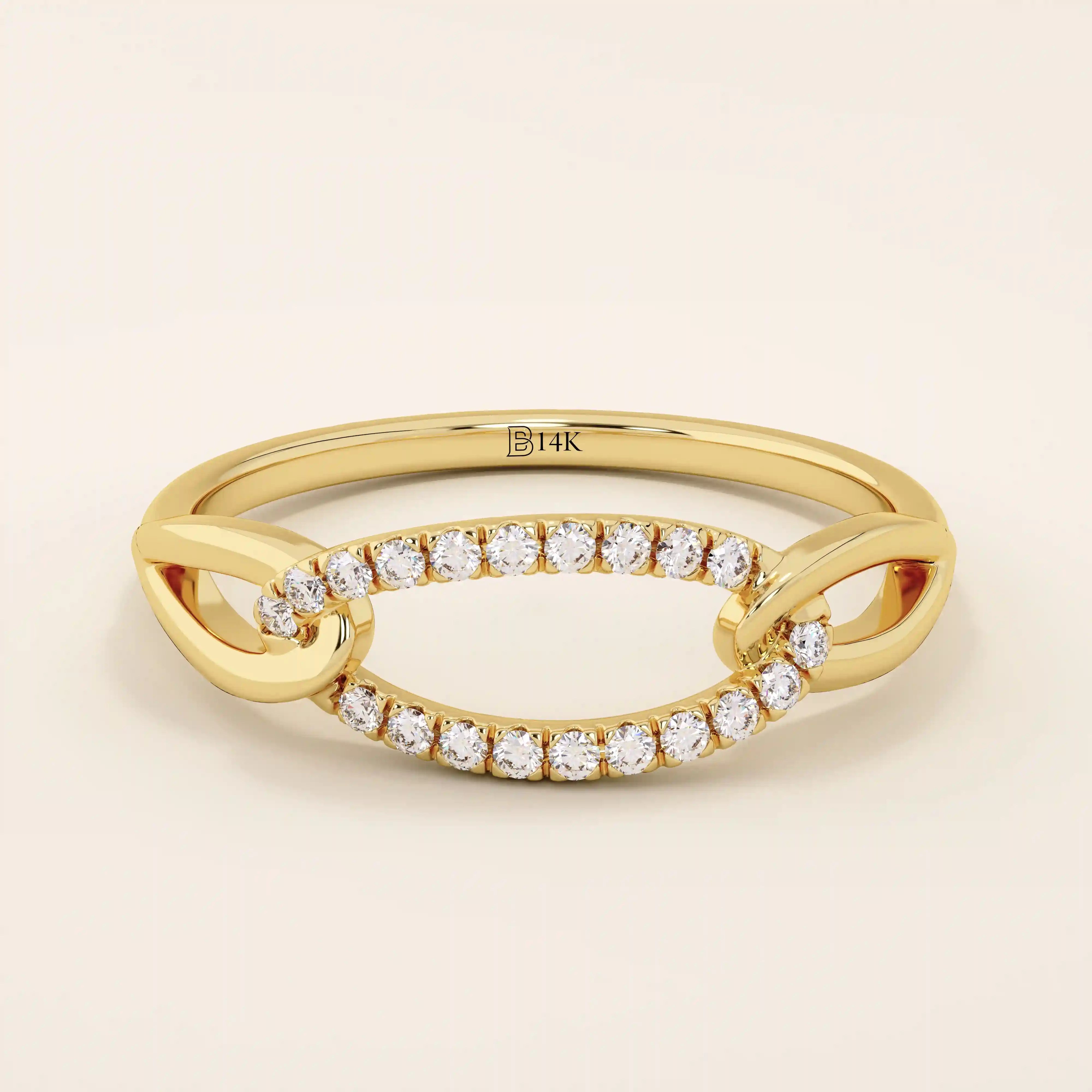 14k solid gold chain ring with bold links and pavé moissanite accents. A statement piece that combines texture and sparkle.