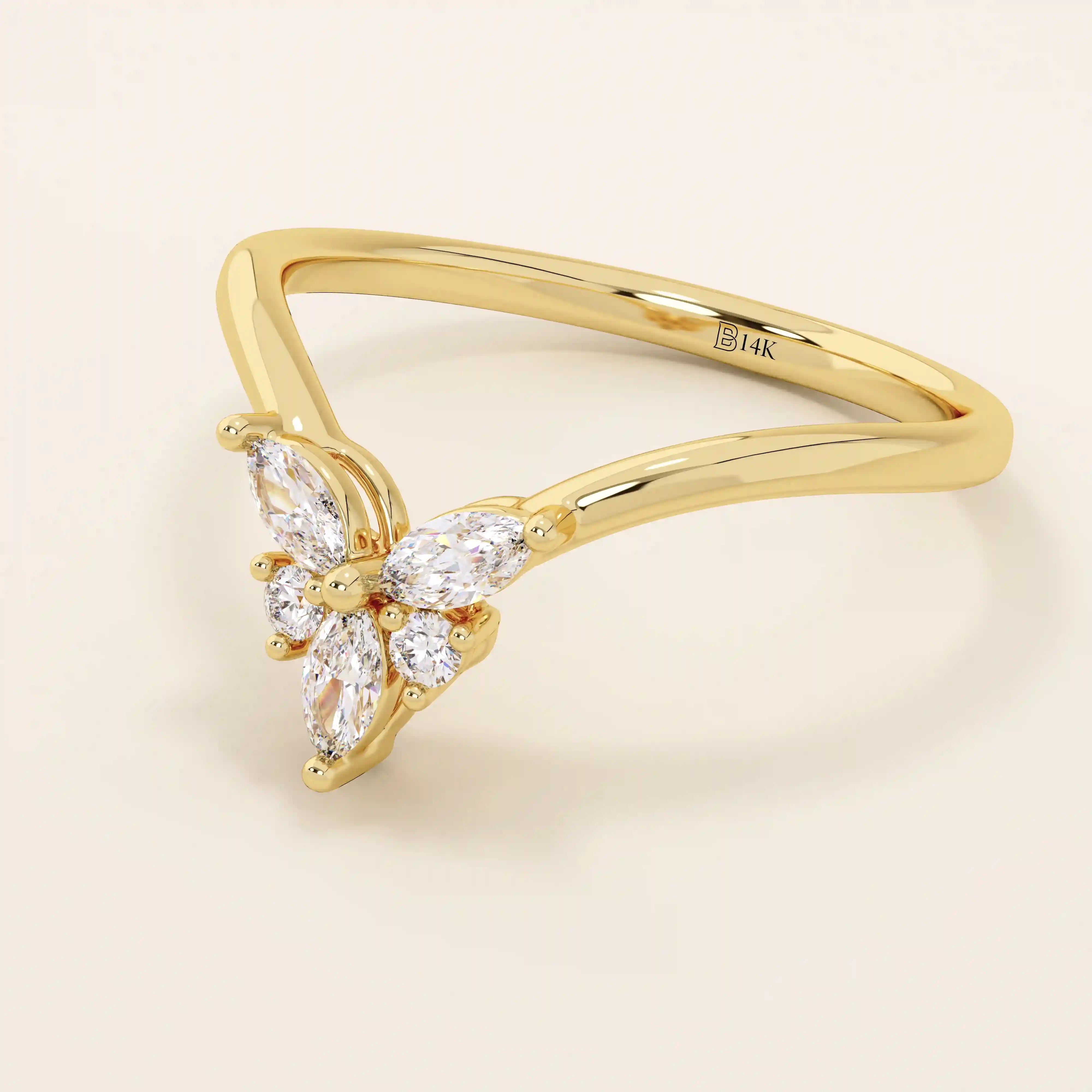 14k solid gold chevron-shaped curve nesting ring adorned with marquise-cut moissanite stones. Modern and minimalist stacking design.