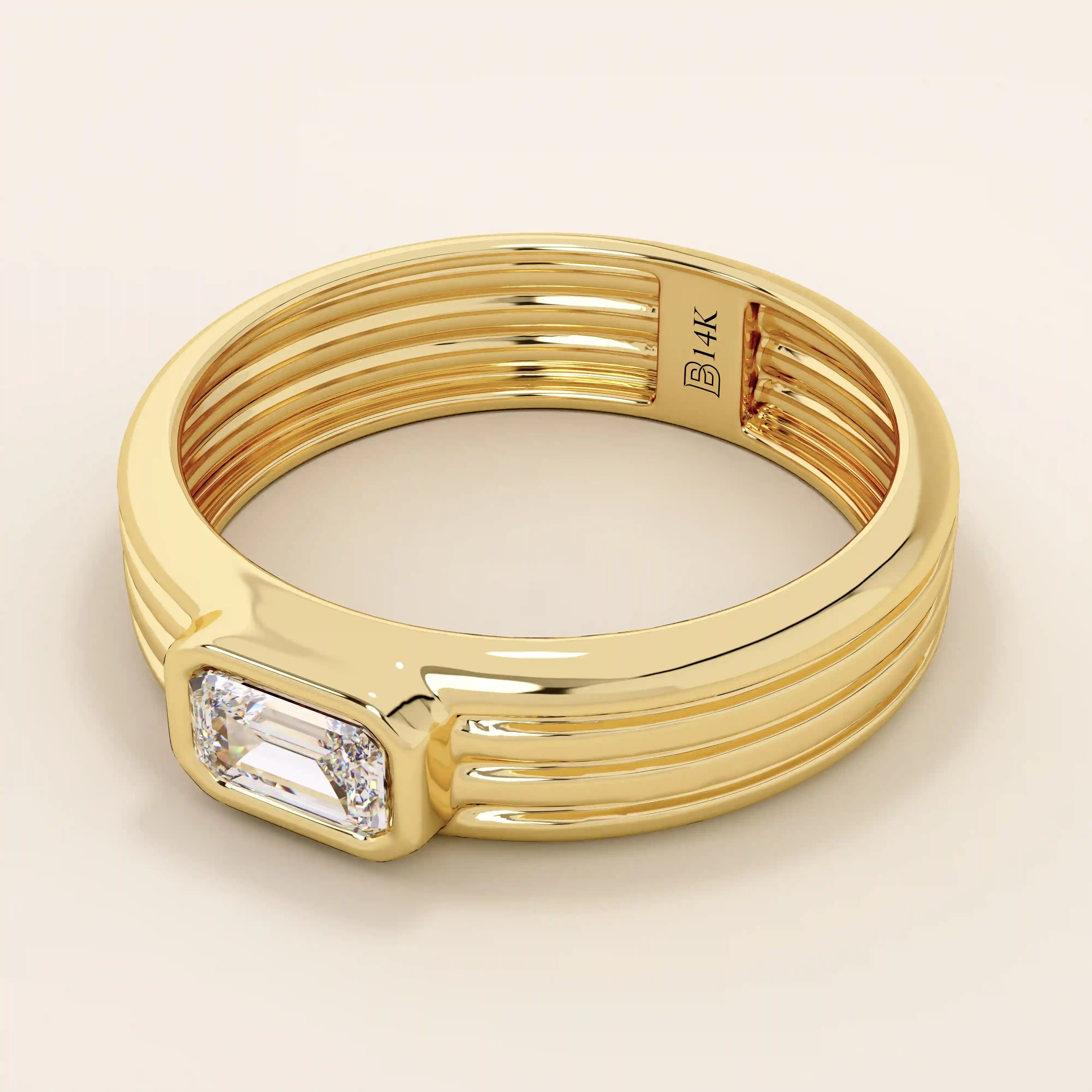 14k solid gold chunky engagement ring with a thick band, featuring bezel-set emerald-cut moissanites lining the band. Bold and modern design for statement bridal jewelry.