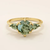 14k solid gold chunky ring with a natural moss agate gemstone. Unique and earthy anniversary jewelry design.