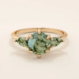 14k solid gold chunky ring with a natural moss agate gemstone. Unique and earthy anniversary jewelry design.