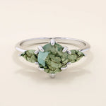 14k solid gold chunky ring with a natural moss agate gemstone. Unique and earthy anniversary jewelry design.