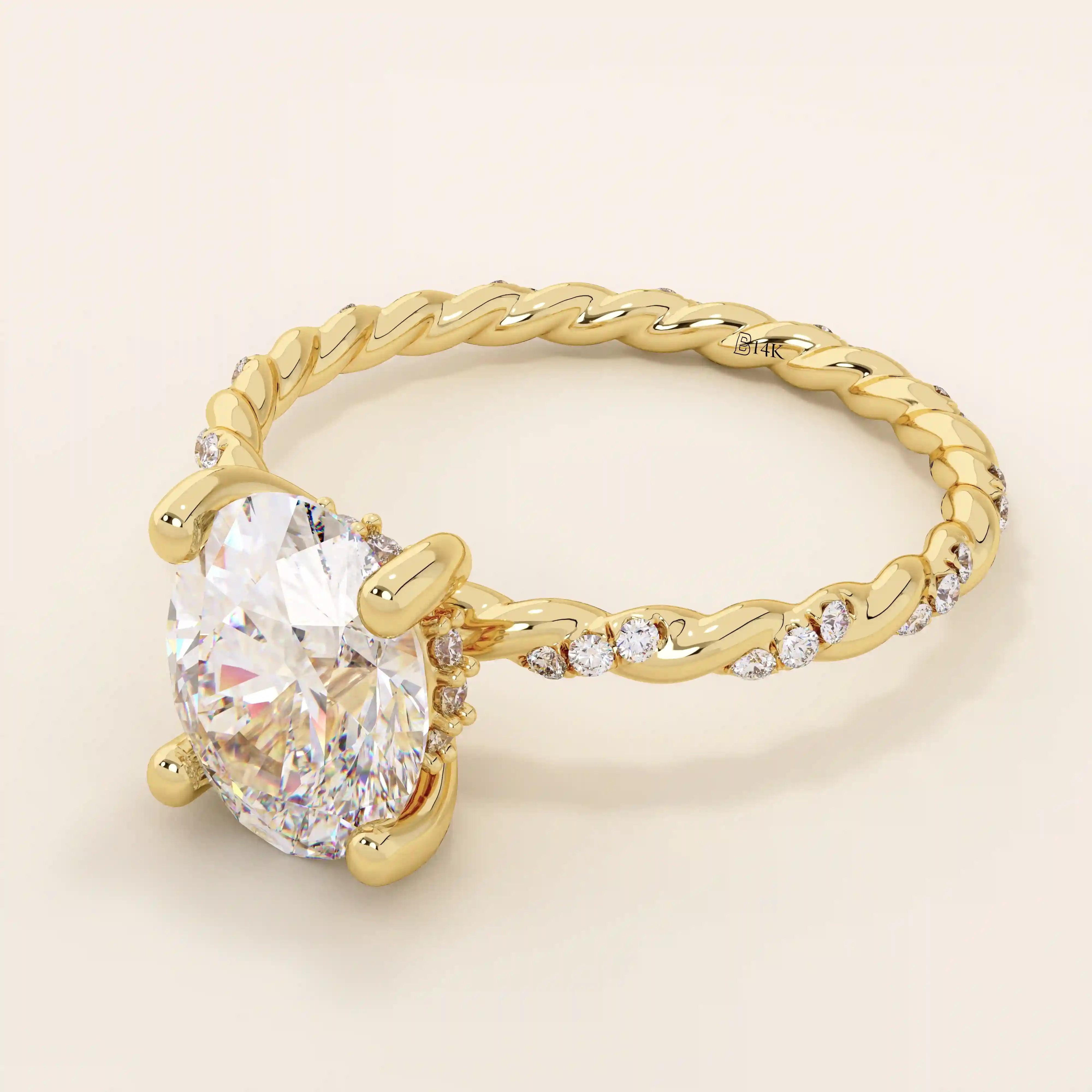 14k solid gold chunky solitaire engagement ring with an oval moissanite center stone. Modern and timeless design.