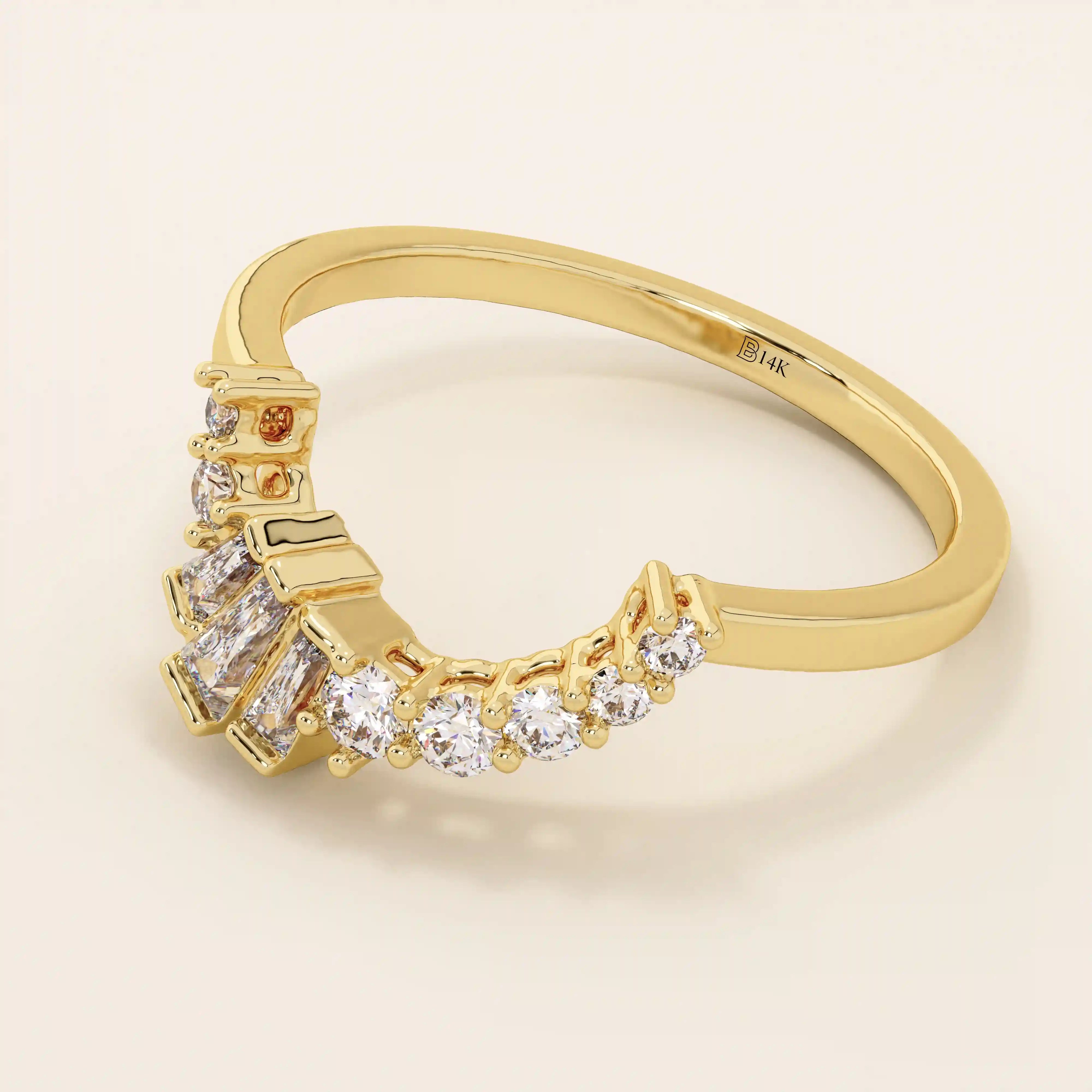 14k solid gold curved ring with a clean arch shape, set with baguette-cut moissanite stones. A refined stacking or nesting band with modern flair.