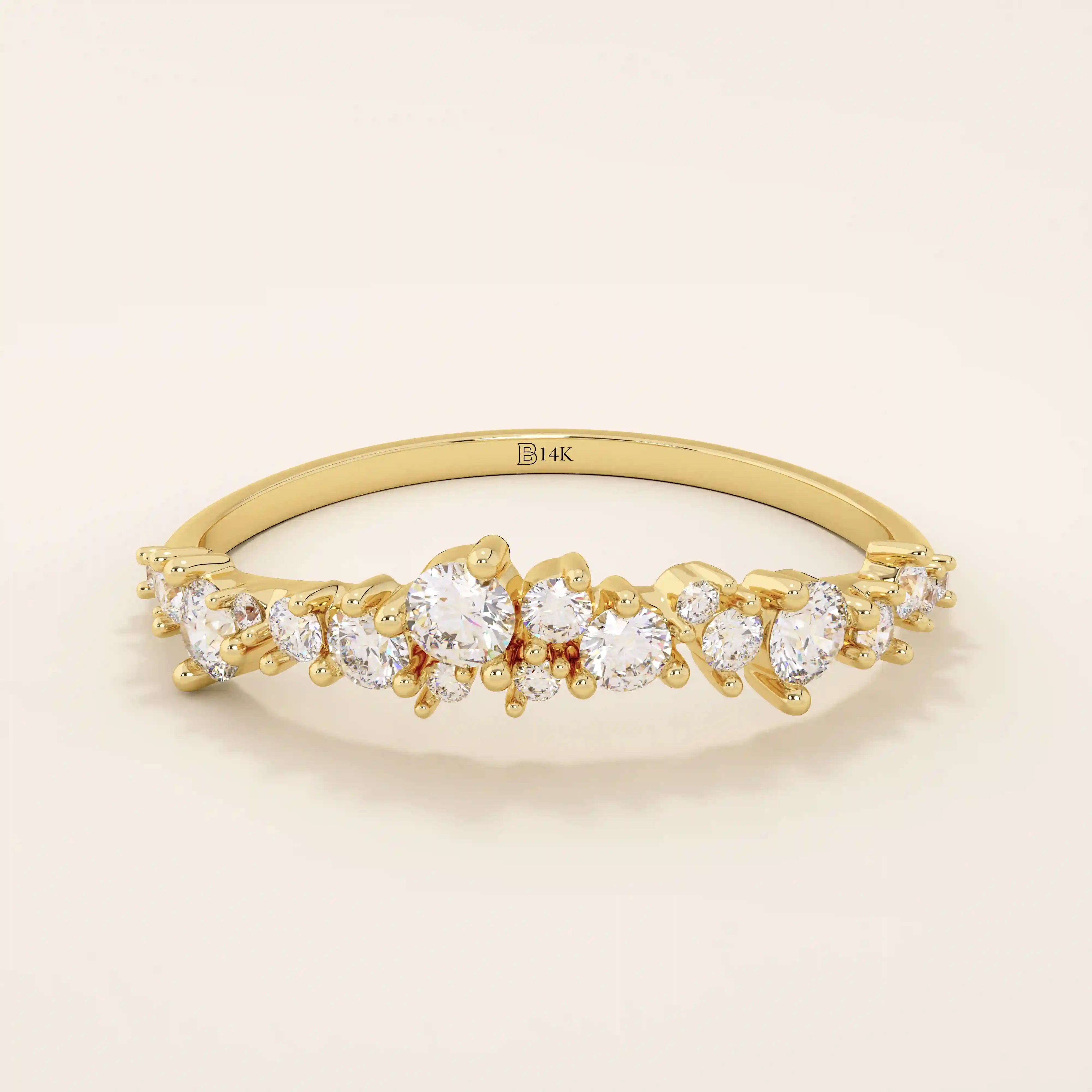 14k solid gold curved stackable wedding ring with cluster-pave moissanites. Minimalist yet sparkling design, perfect for stacking or as a wedding band.