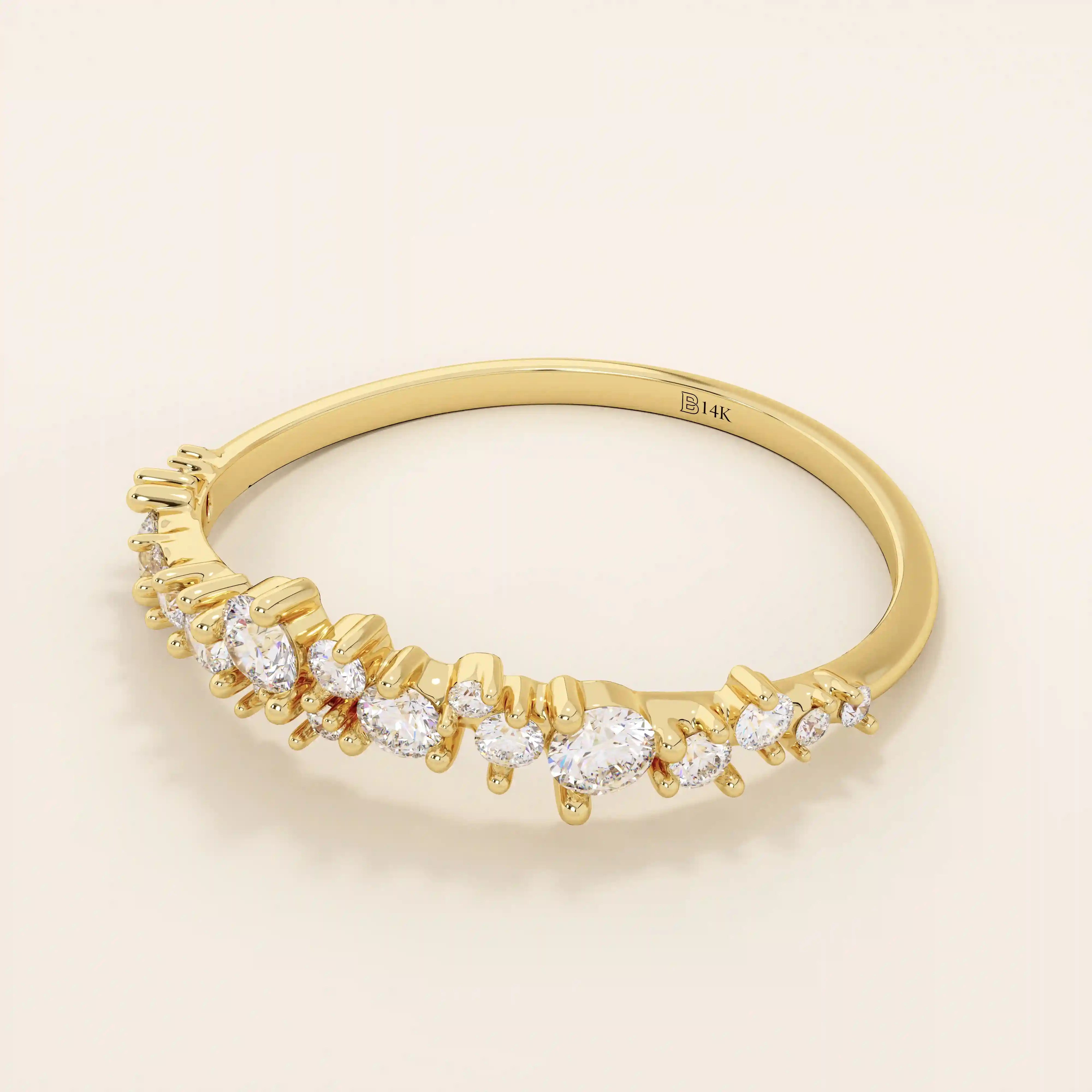 14k solid gold curved stackable wedding ring with cluster-pave moissanites. Minimalist yet sparkling design, perfect for stacking or as a wedding band.