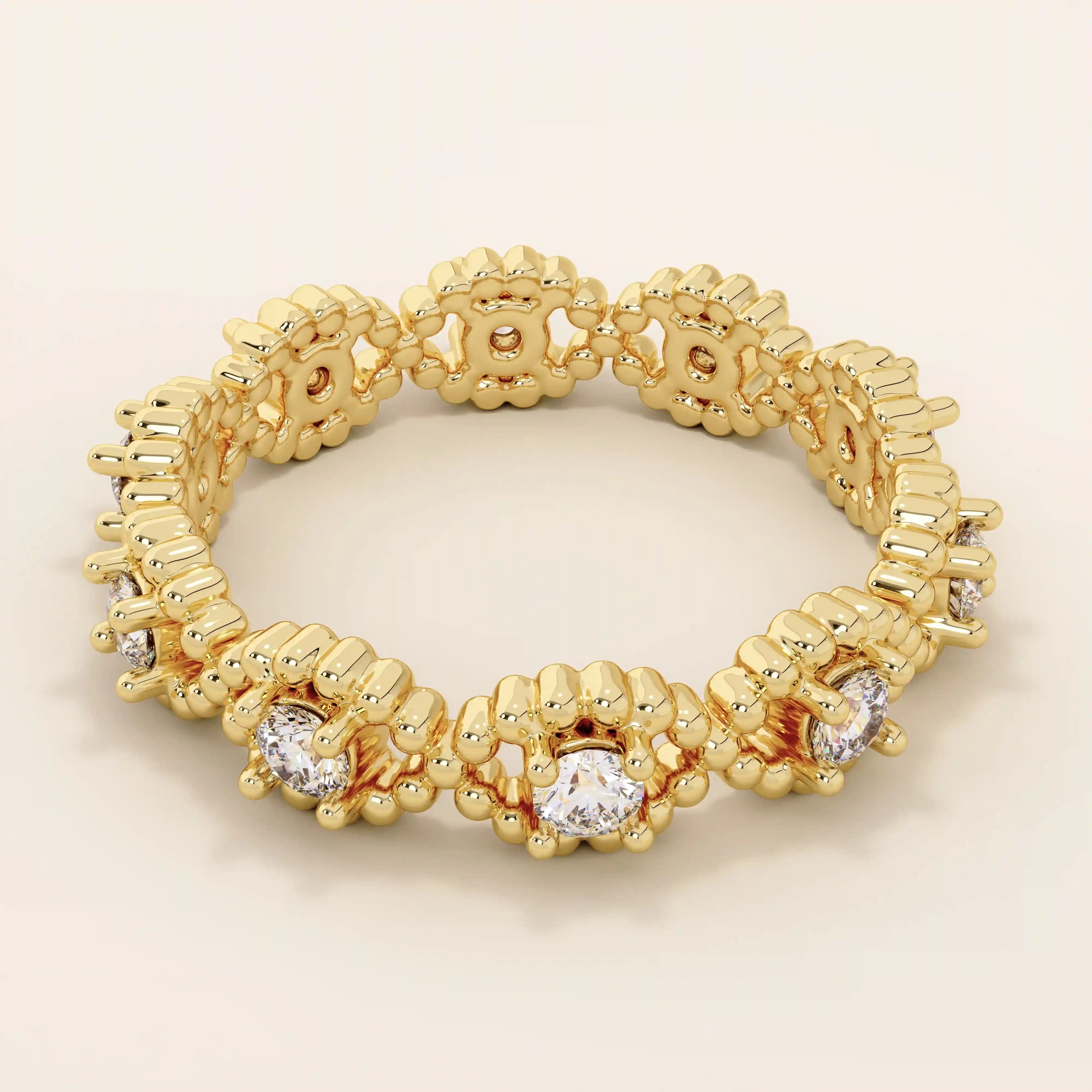 14k solid gold eternity statement ring with a beaded band and evil eye motif. Unique and protective jewelry design for women.