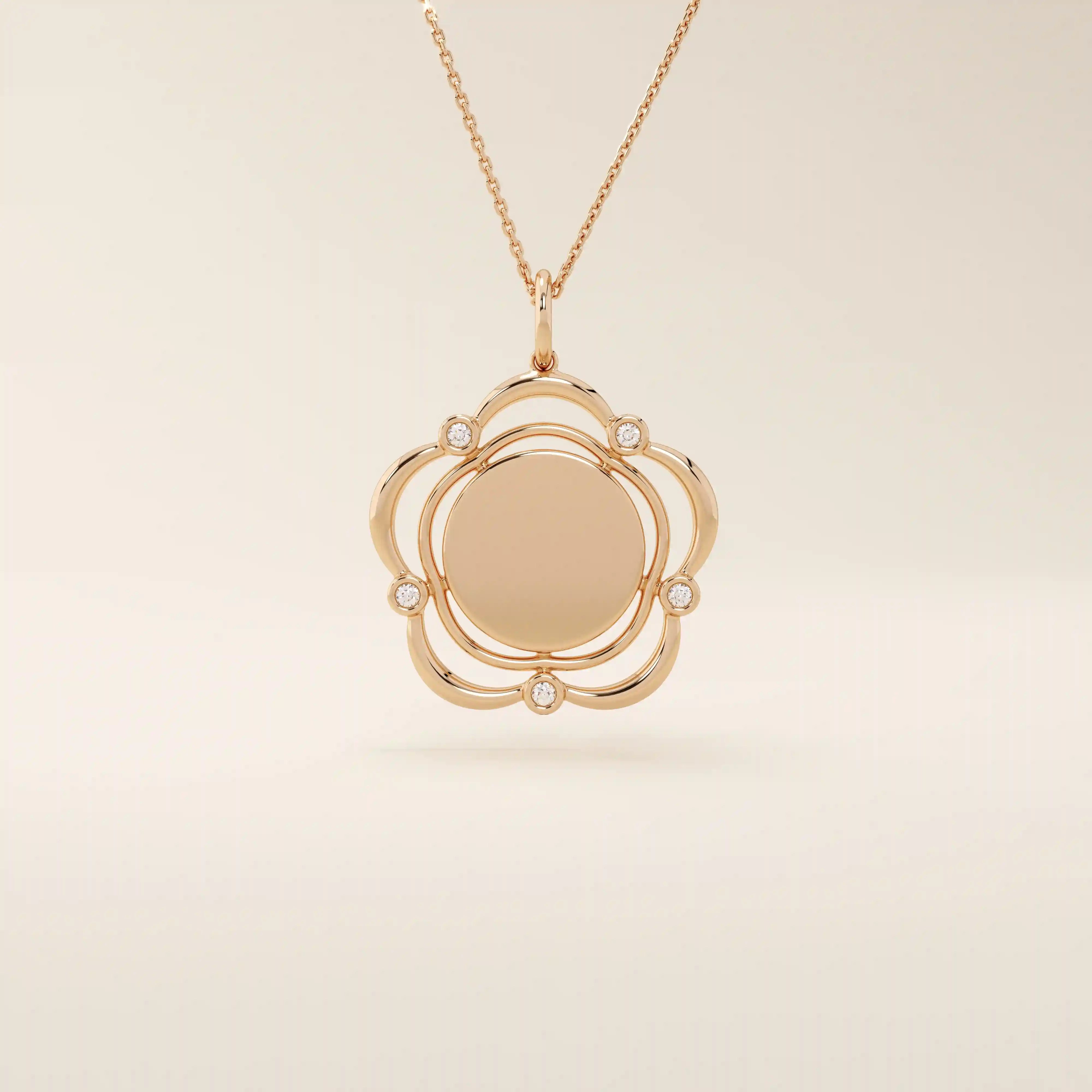 14k solid gold flower-shaped pendant necklace with a smooth, plain surface perfect for engraving. Minimalist and customizable everyday jewelry.