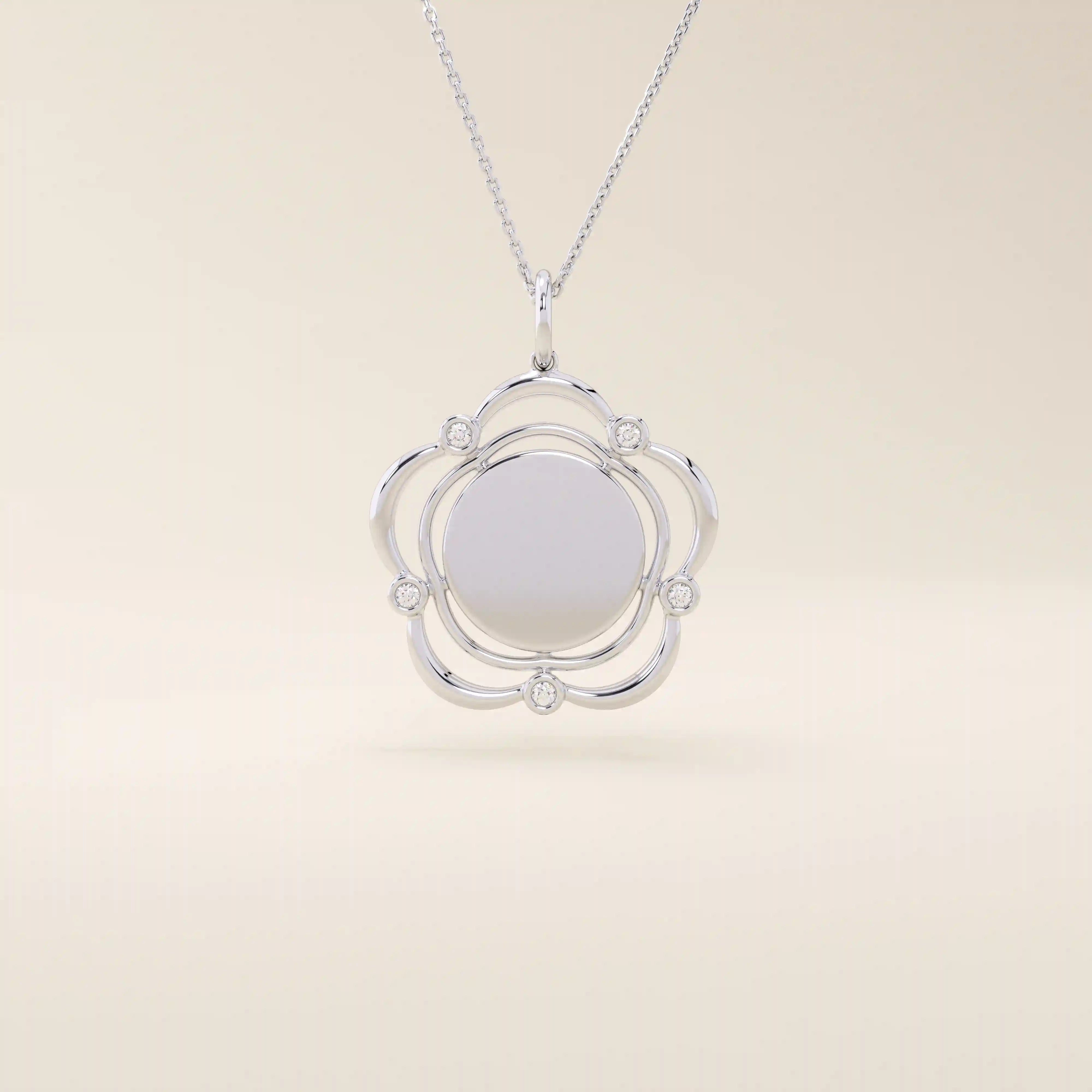 14k solid gold flower-shaped pendant necklace with a smooth, plain surface perfect for engraving. Minimalist and customizable everyday jewelry.