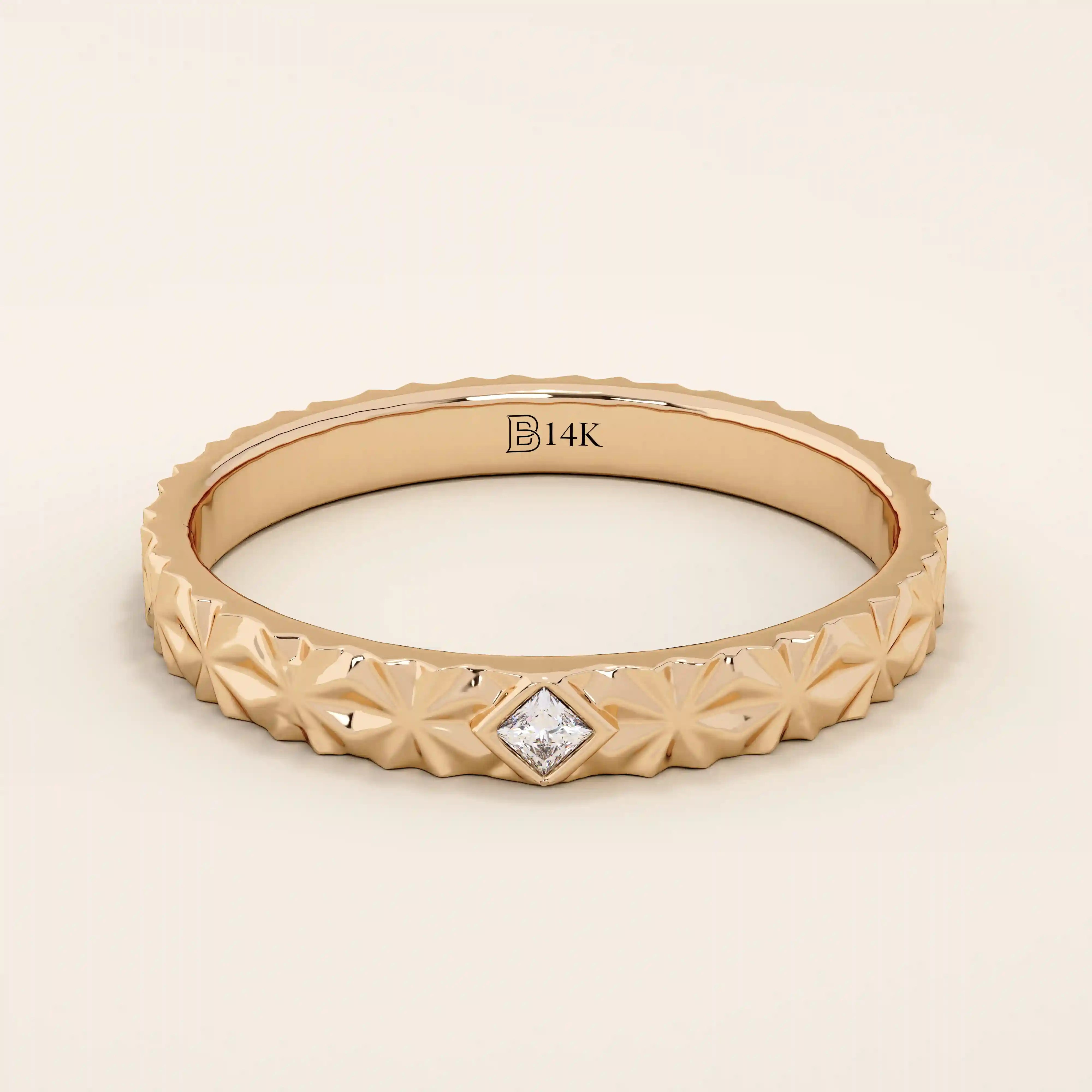 14k solid gold geometric textured patterned slim unisex wedding band alliance with bezel set princess cut moissanite