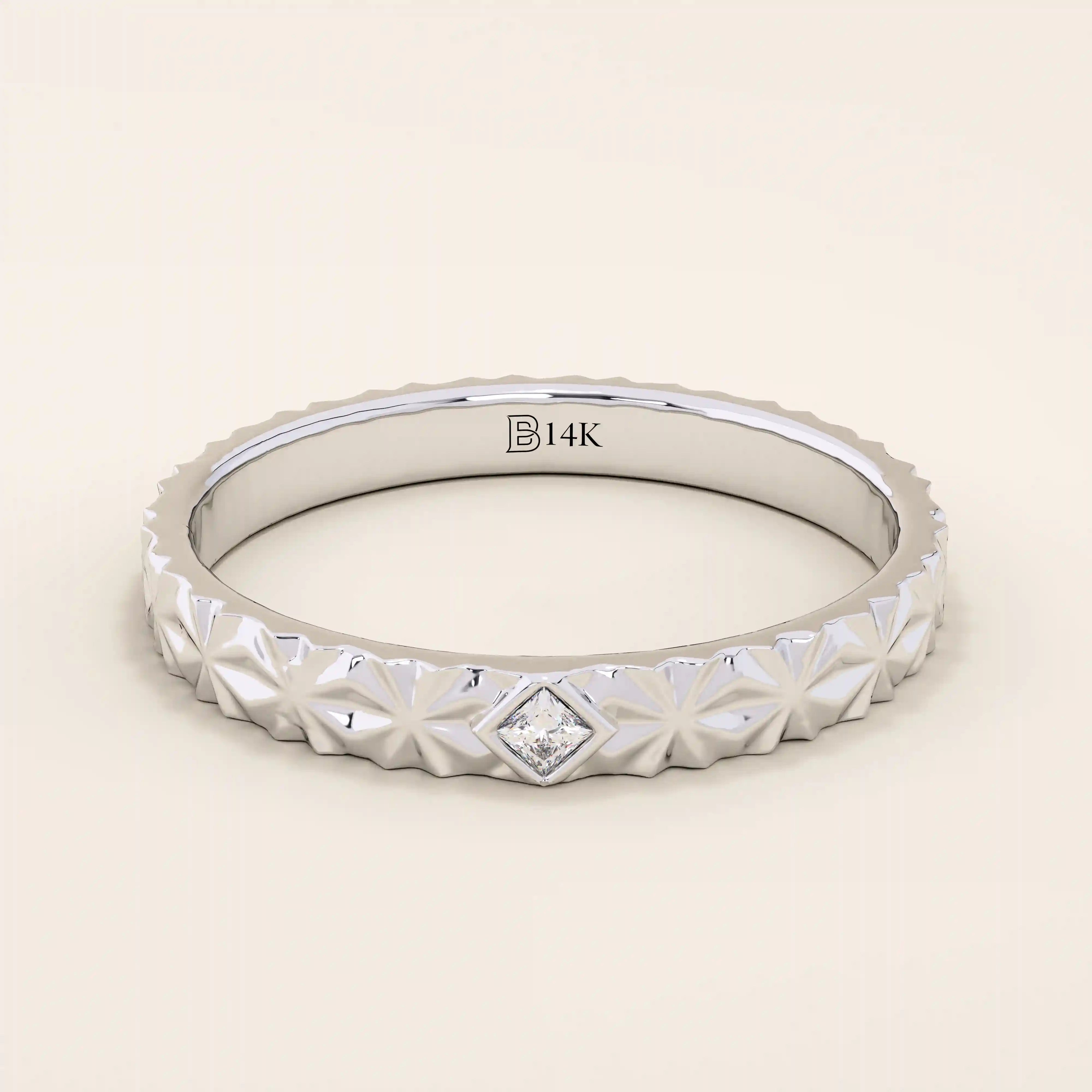 14k solid gold geometric textured patterned slim unisex wedding band alliance with bezel set princess cut moissanite