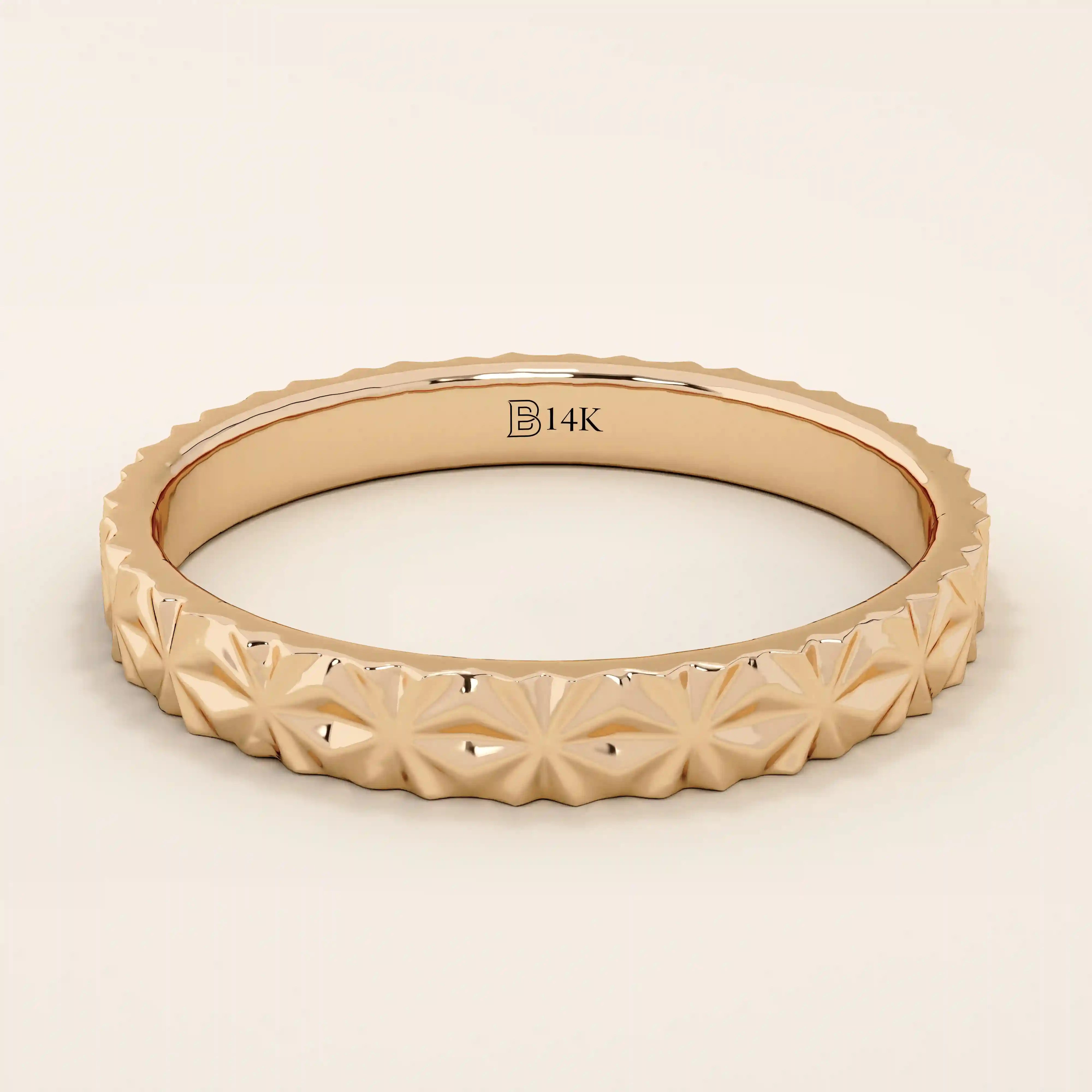14k solid gold geometric textured patterned slim unisex wedding band alliance