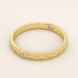 14k solid gold geometric textured patterned slim unisex wedding band alliance with bezel set princess cut moissanite