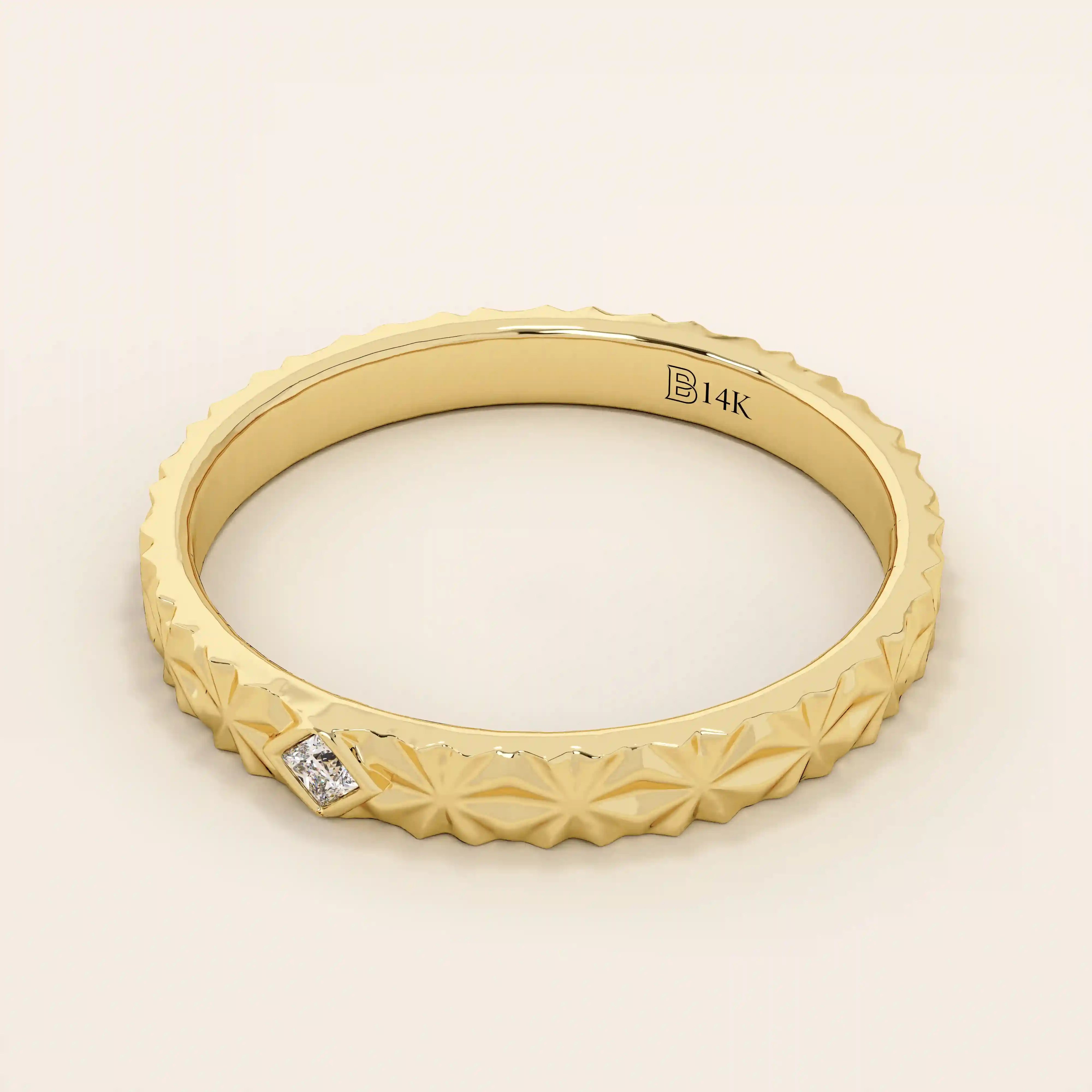 14k solid gold geometric textured patterned slim unisex wedding band alliance with bezel set princess cut moissanite